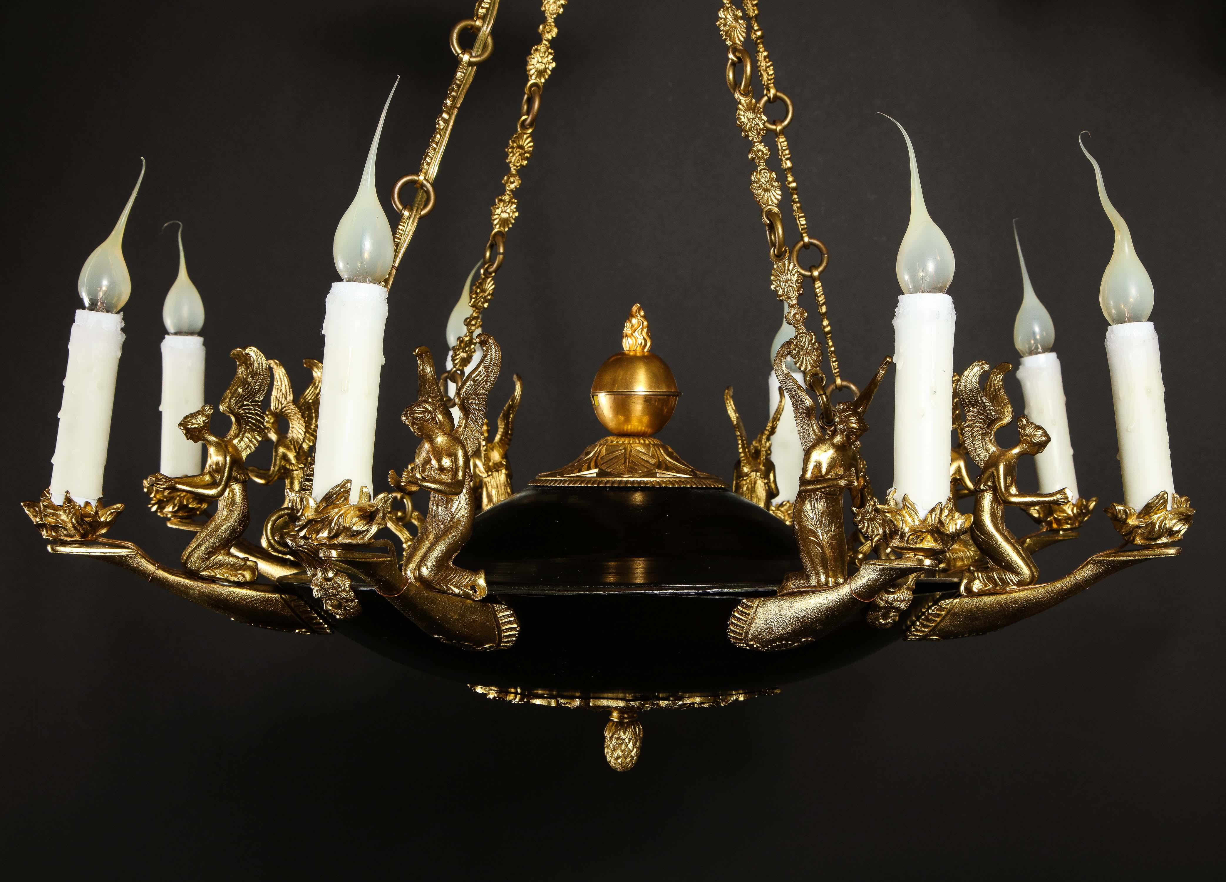 Pair of Antique French Empire Style Figural Gilt & Patina Bronze Chandeliers For Sale 3