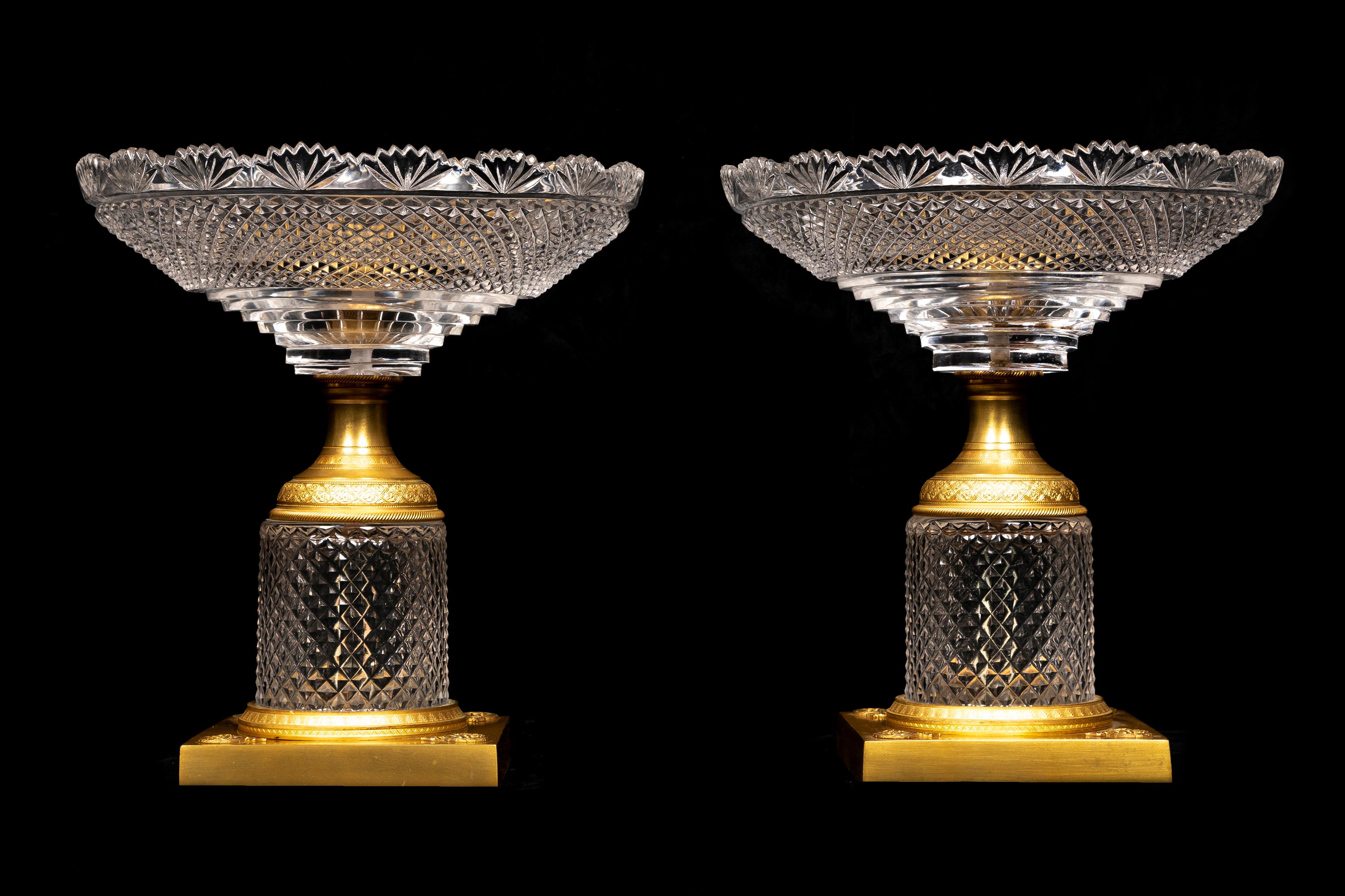 A Pair of Exquisite Large Antique French Louis XVI style hand diamond cut crystal and gilt bronze centerpieces of superb quality. The top bowl of each centerpiece features intricate hand diamond cut crystal designs and rests on a gilt bronze mounted