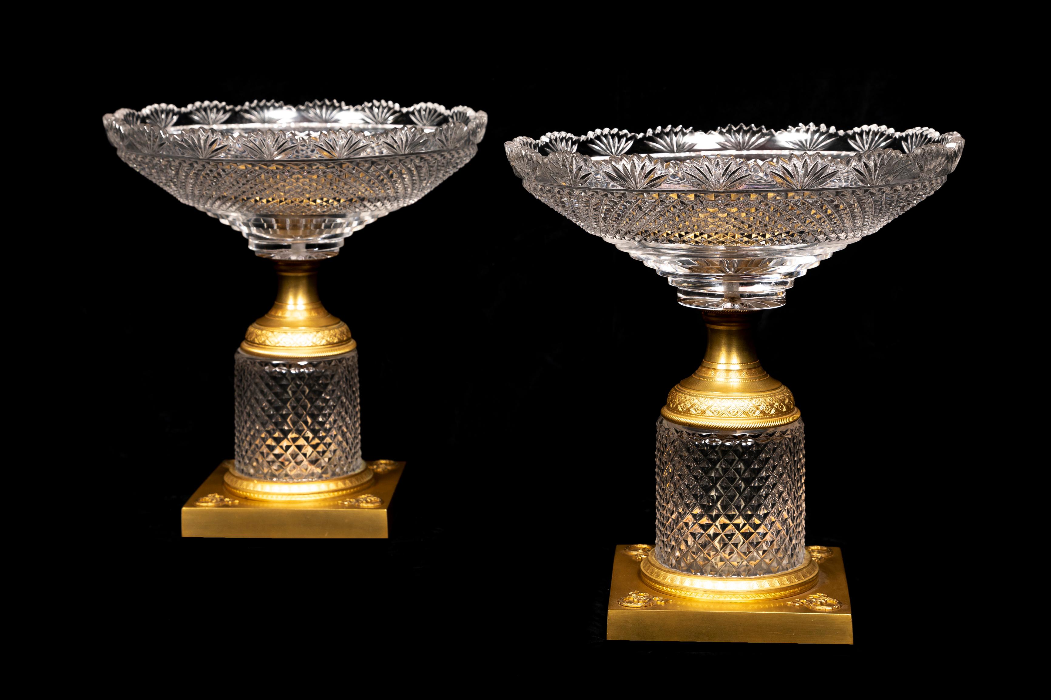 Louis XVI A Pair of Antique French GIlt Bronze and Cut Crystal Baccarat Style Centerpieces For Sale