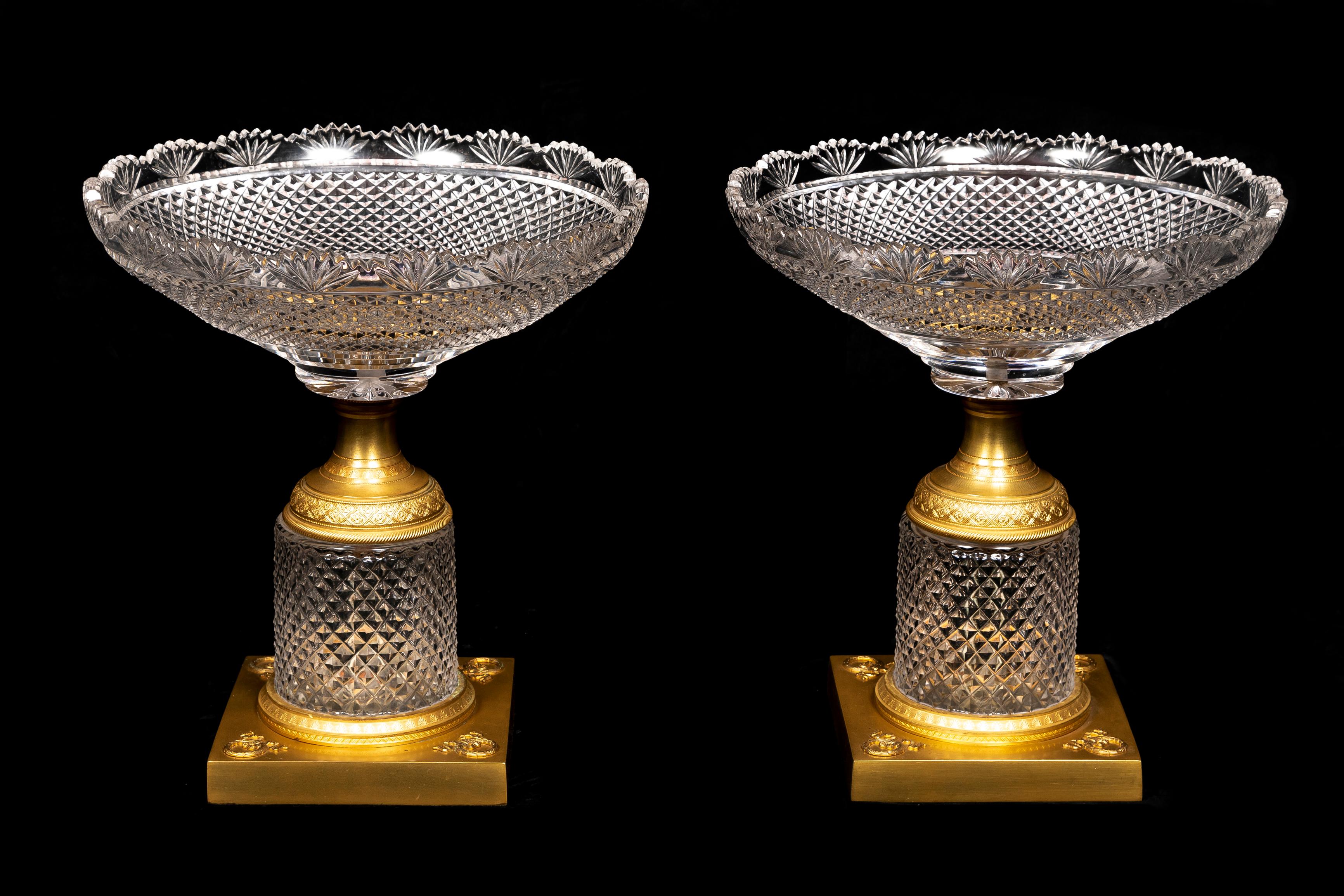 Gilt A Pair of Antique French GIlt Bronze and Cut Crystal Baccarat Style Centerpieces For Sale