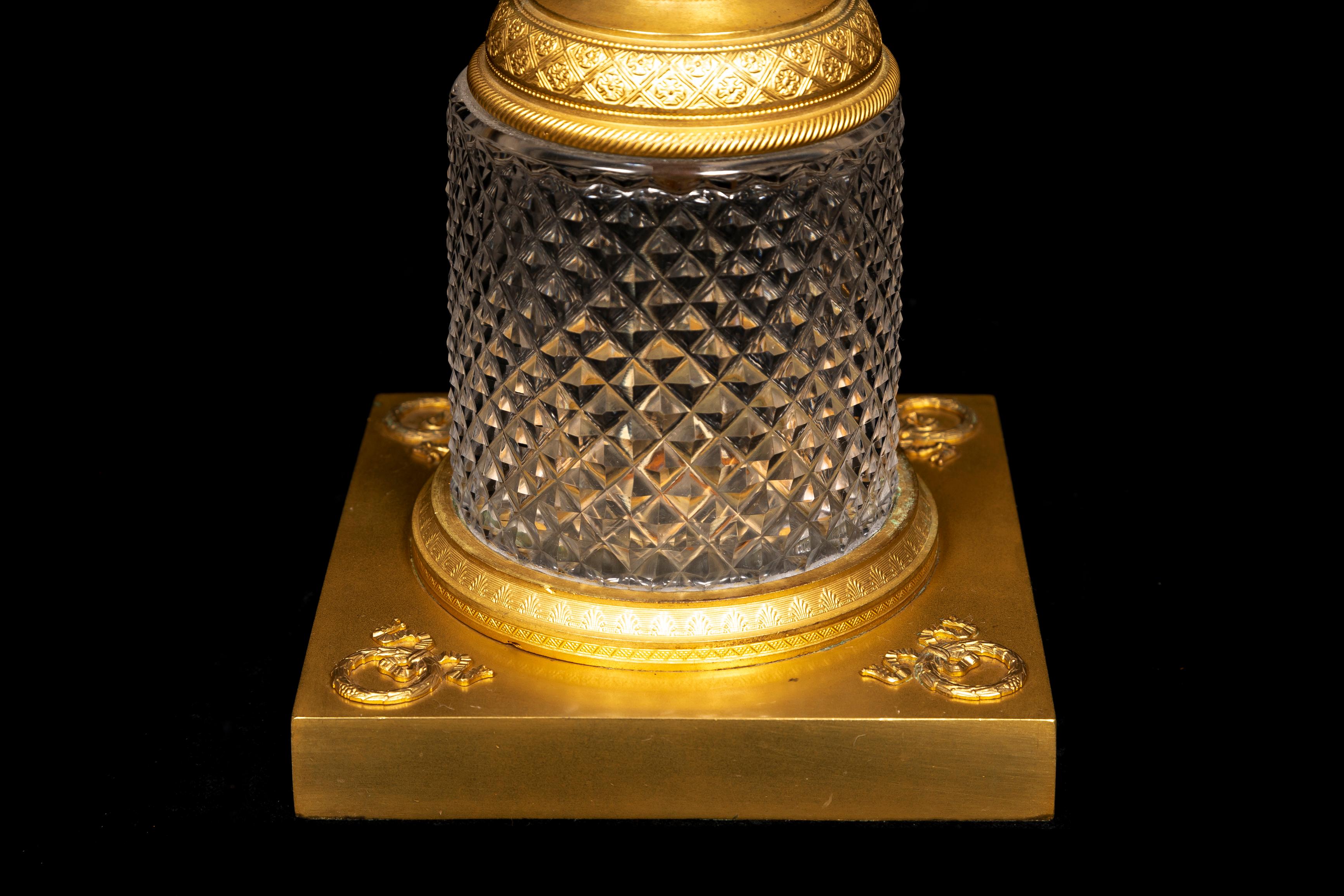 20th Century A Pair of Antique French GIlt Bronze and Cut Crystal Baccarat Style Centerpieces For Sale