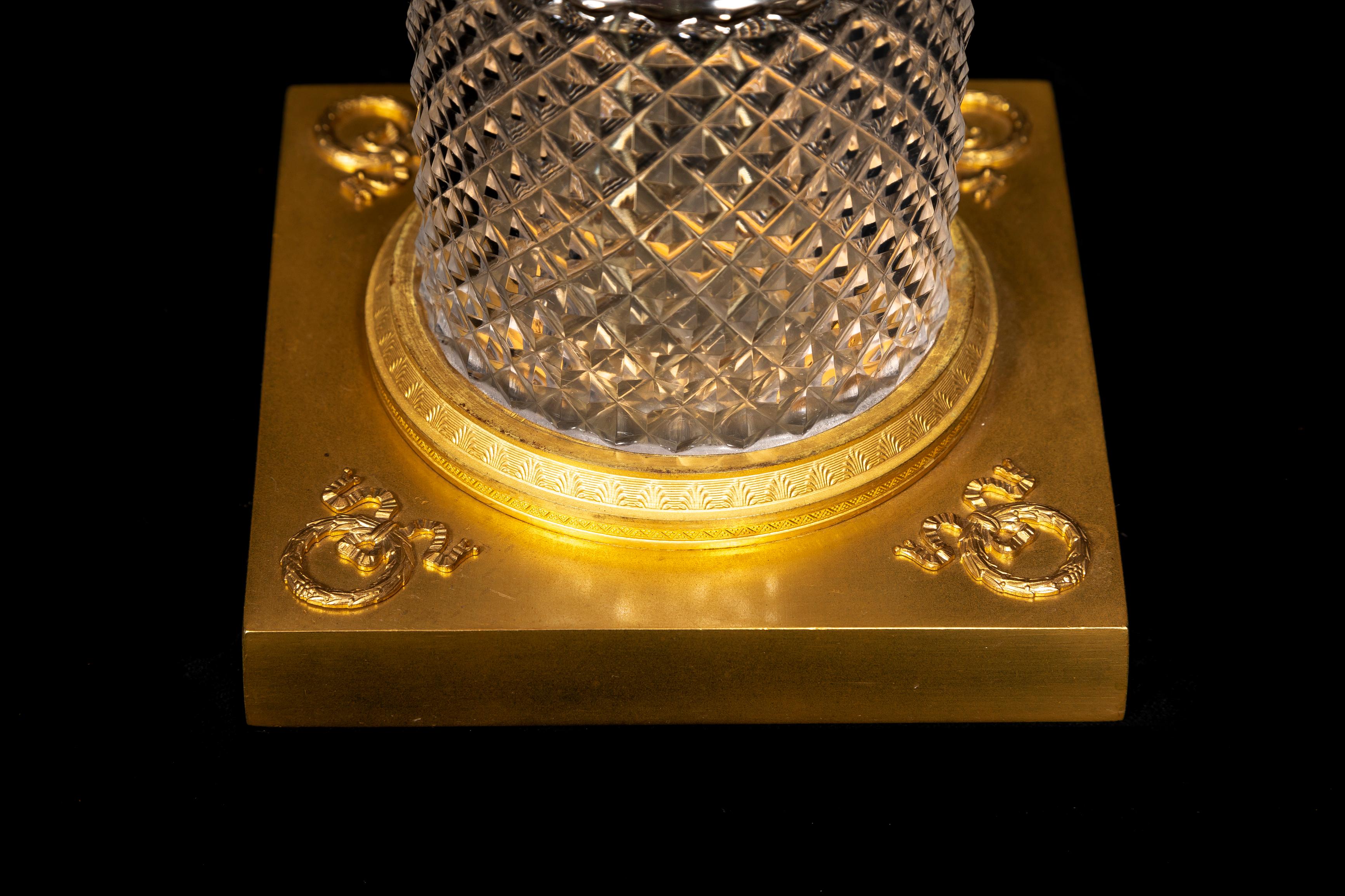 A Pair of Antique French GIlt Bronze and Cut Crystal Baccarat Style Centerpieces For Sale 1