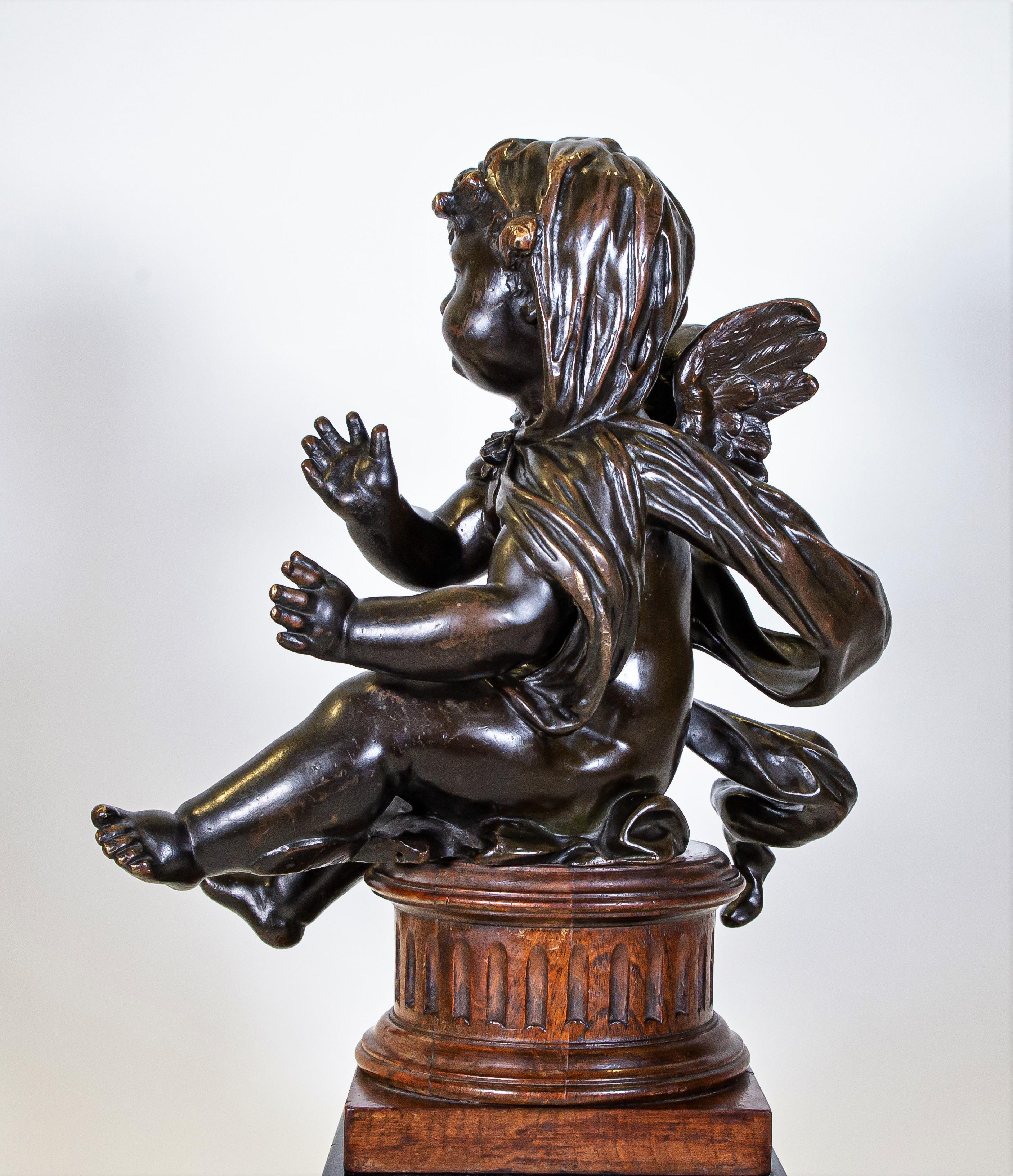 Pair of Antique French Patinated Bronze Winged Putti Seated on Fluted Plinths For Sale 4