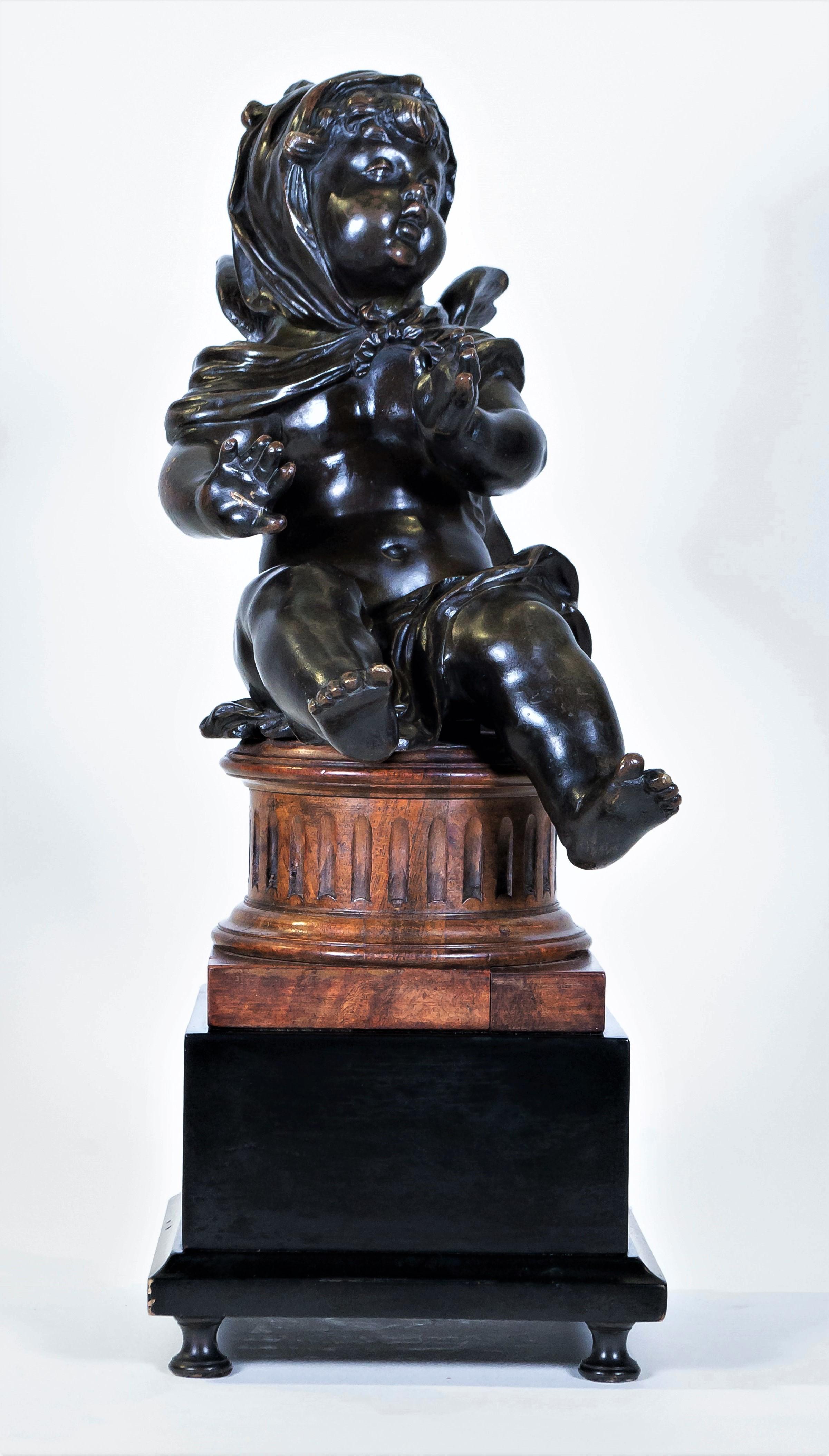 Pair of Antique French Patinated Bronze Winged Putti Seated on Fluted Plinths For Sale 7