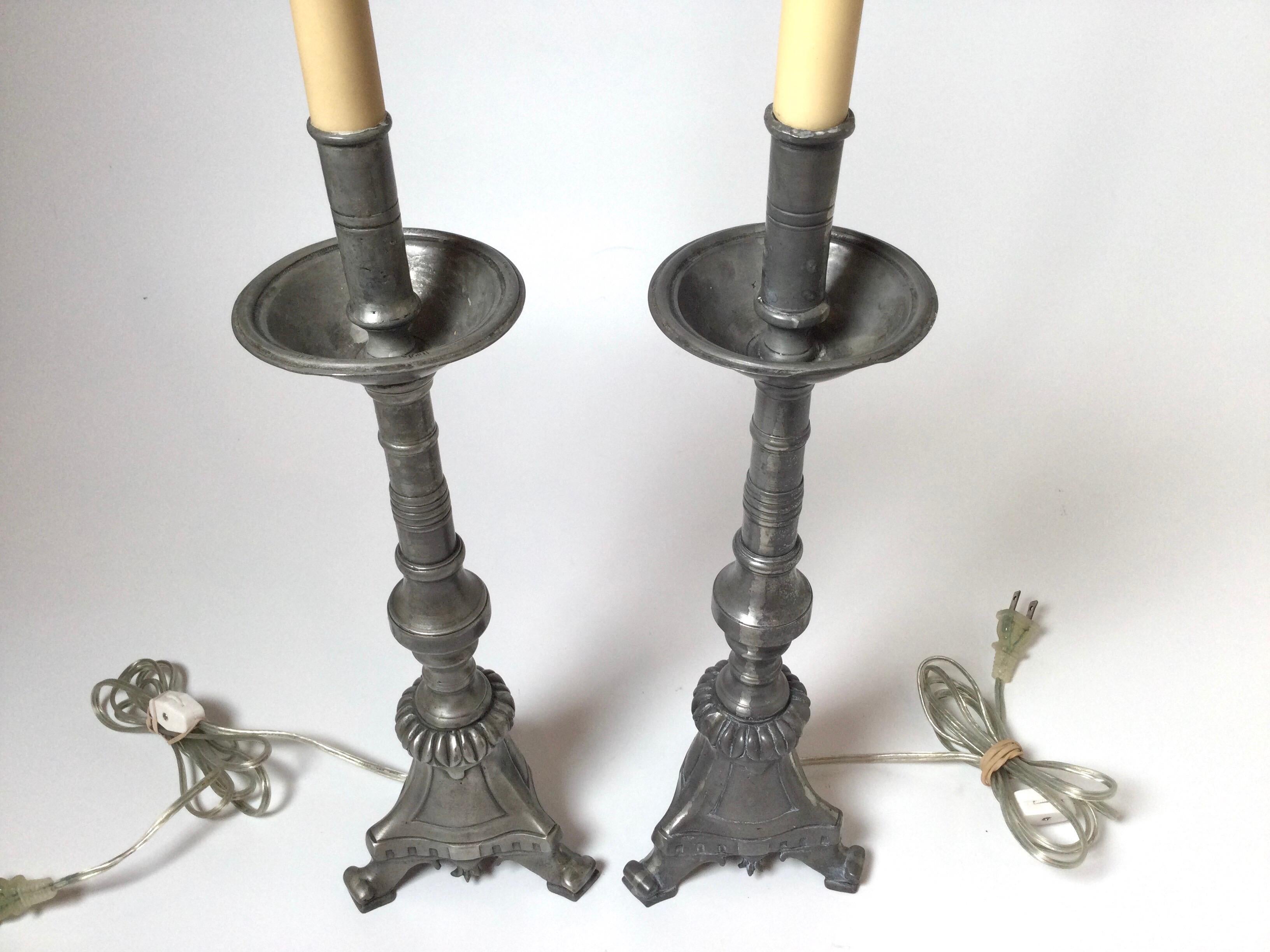 French Provincial Pair of Antique French Pewter Candlesticks Now as Lamps