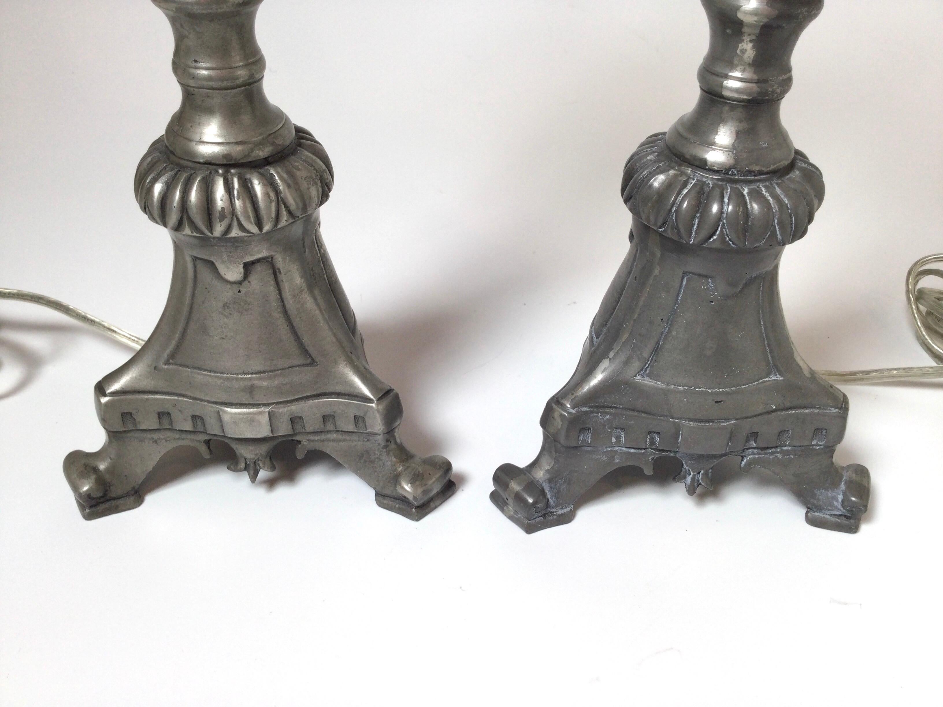 Pair of Antique French Pewter Candlesticks Now as Lamps In Good Condition In Lambertville, NJ