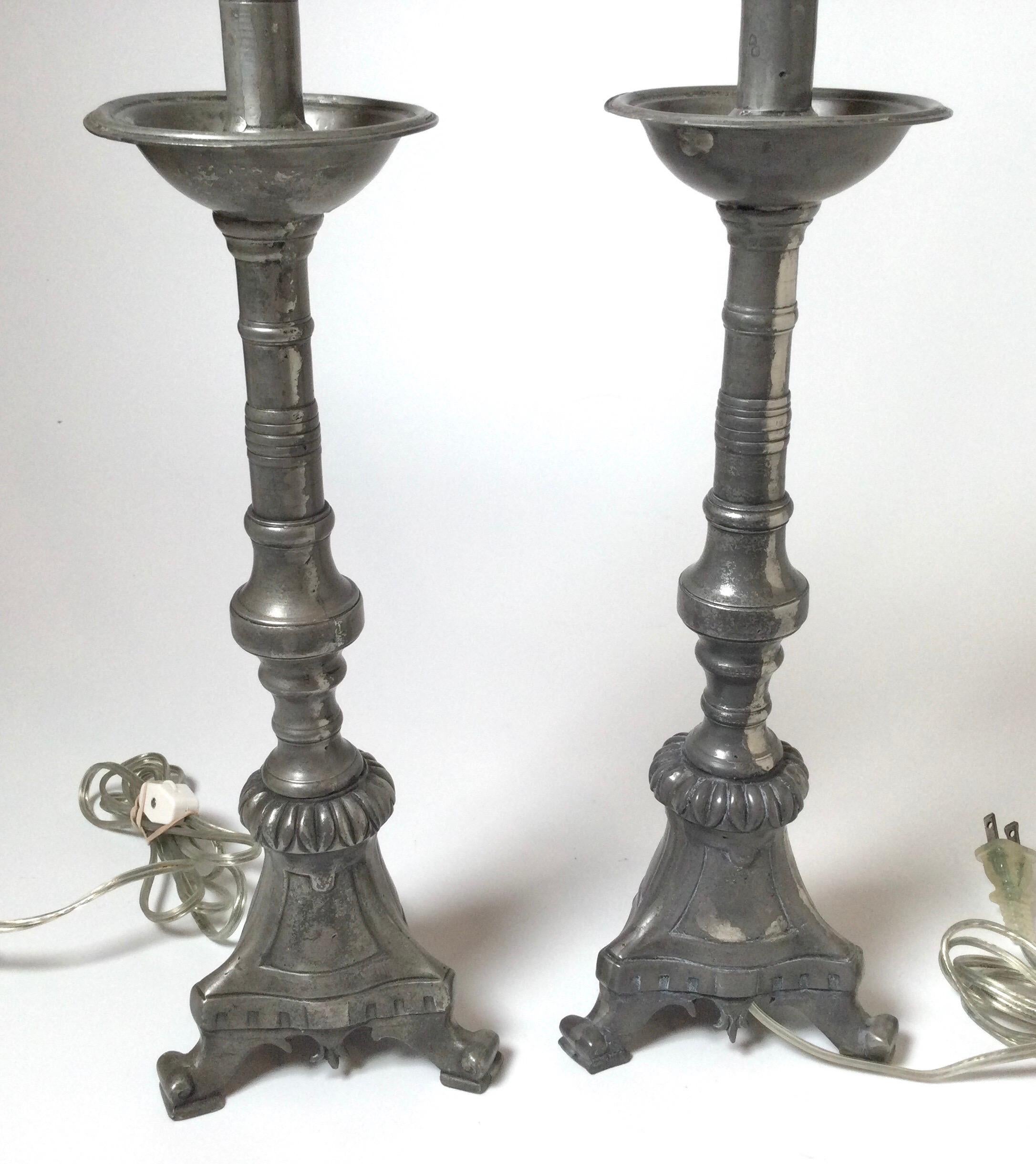 Late 19th Century Pair of Antique French Pewter Candlesticks Now as Lamps