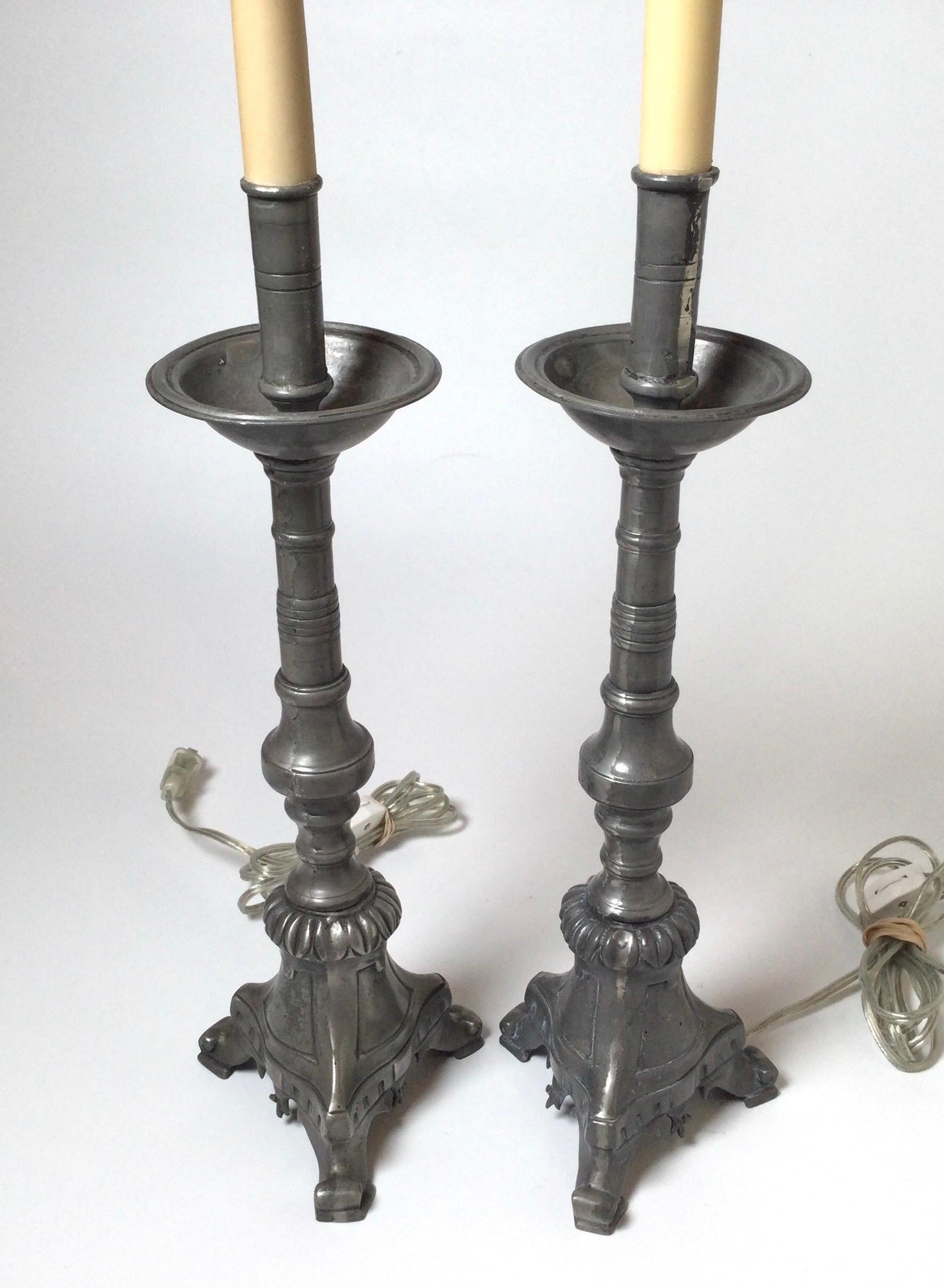 Pair of Antique French Pewter Candlesticks Now as Lamps 1