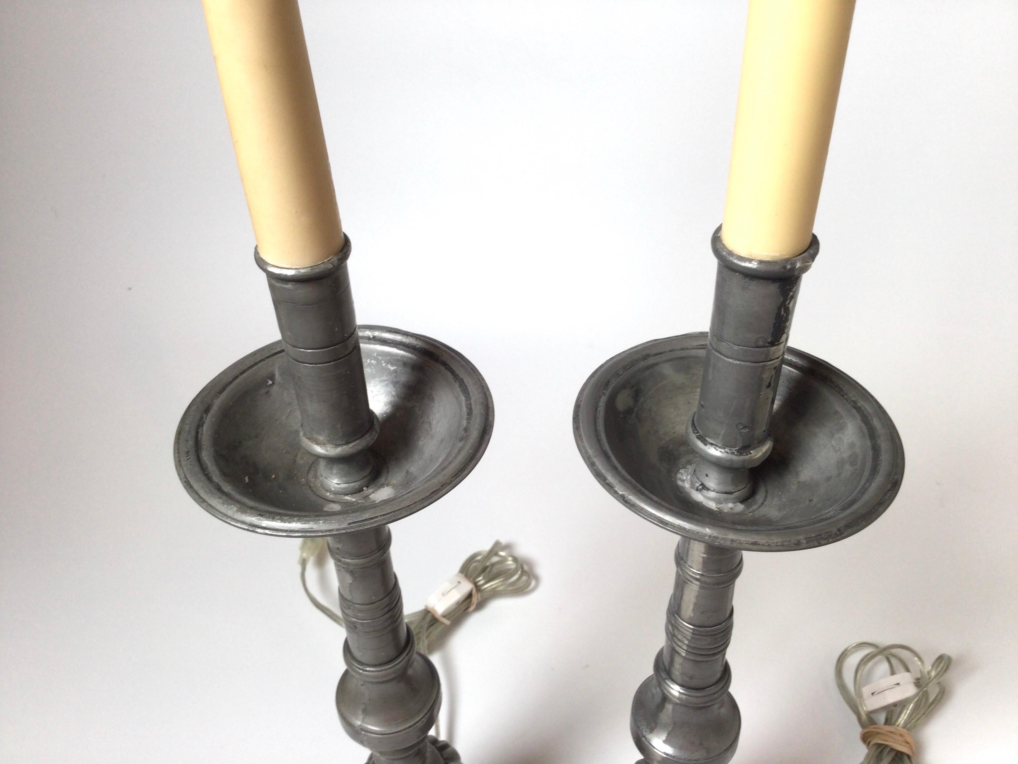 Pair of Antique French Pewter Candlesticks Now as Lamps 2