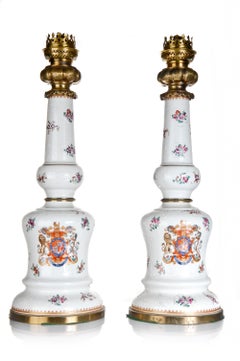 A Pair of Antique French Samson Porcelain Polychromed Porcelain & Bronze Lamps