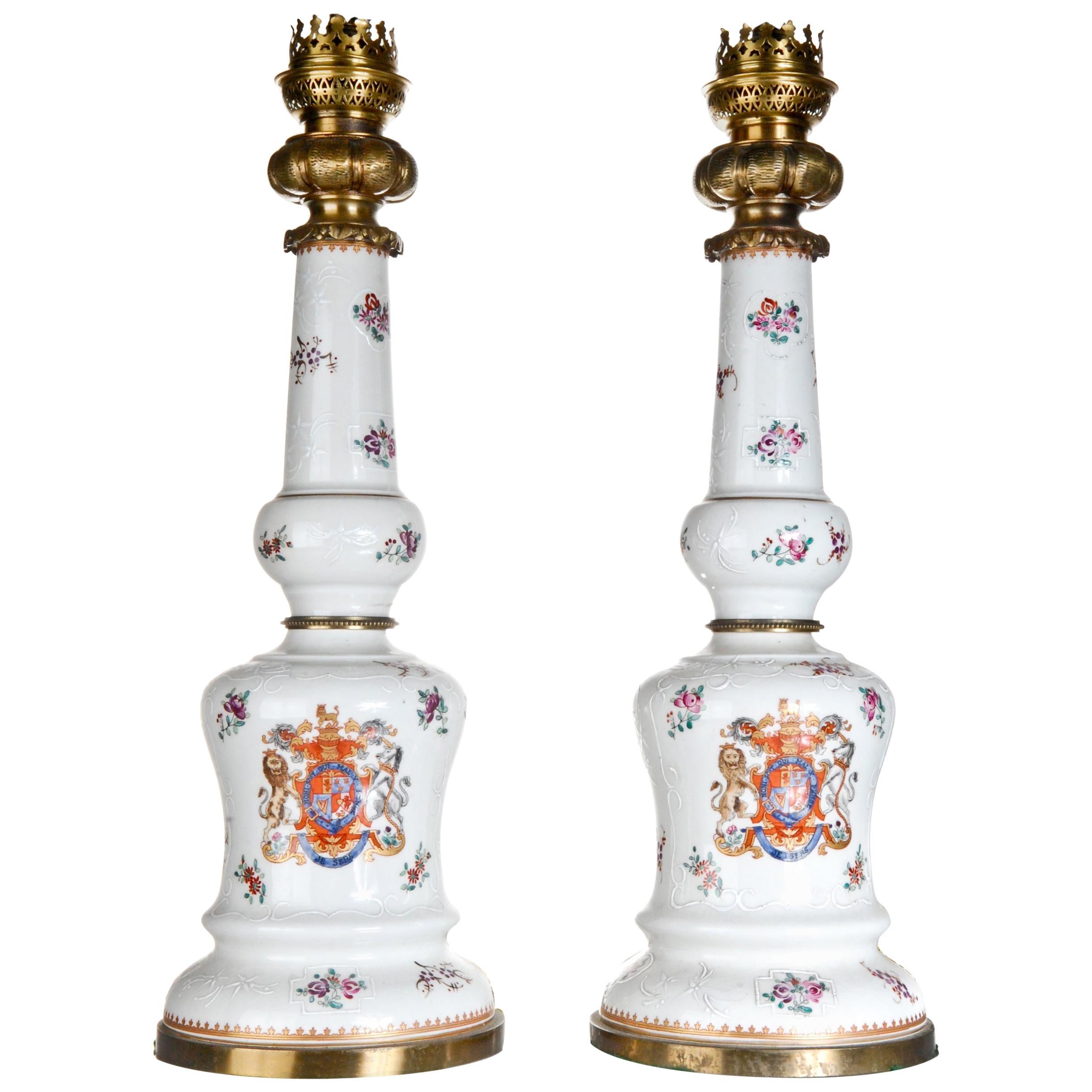 A Pair of Antique French Samson Porcelain Polychromed Porcelain & Bronze Lamps
