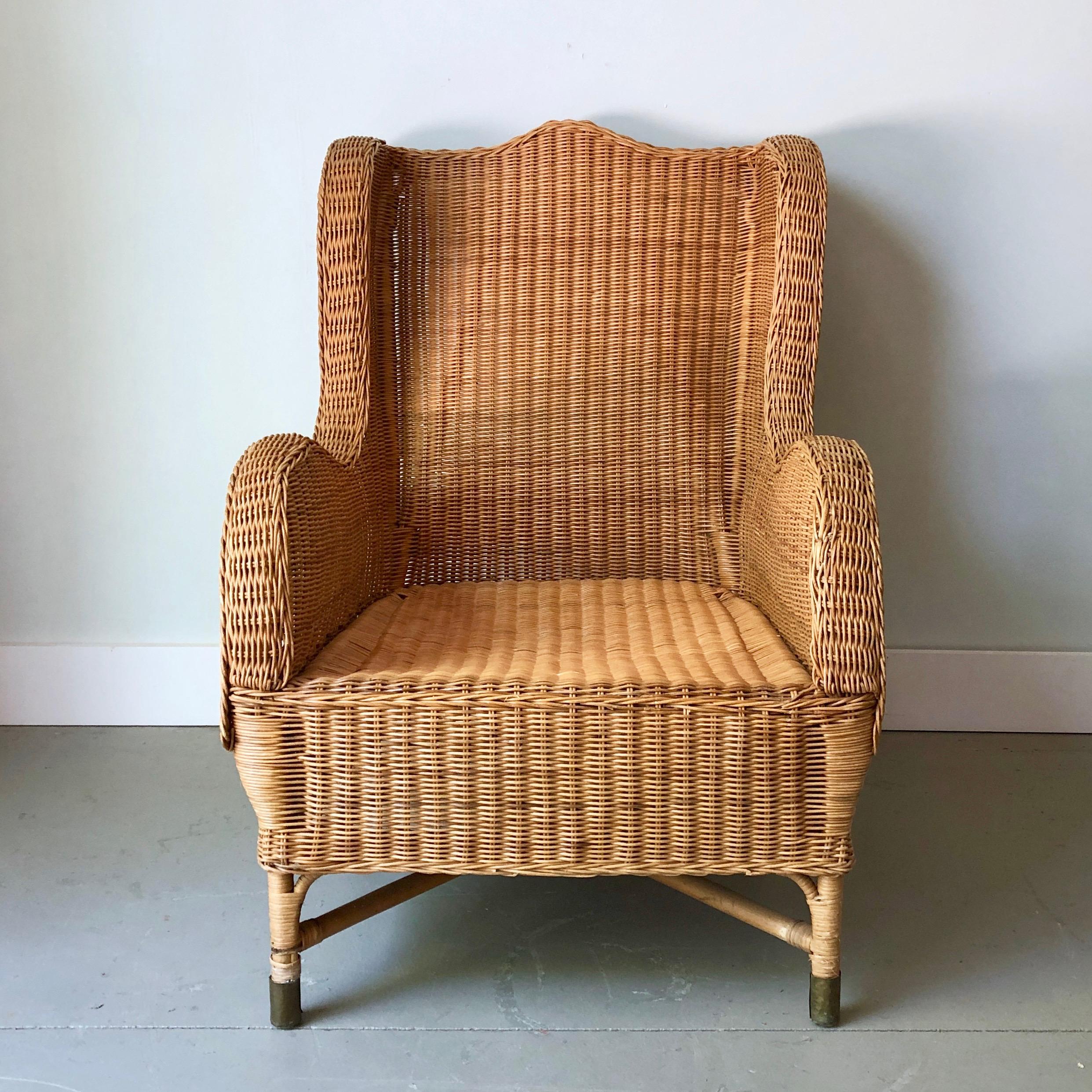 Hand-Crafted Pair of Antique French Wicker/Rattan Lounge Armchairs