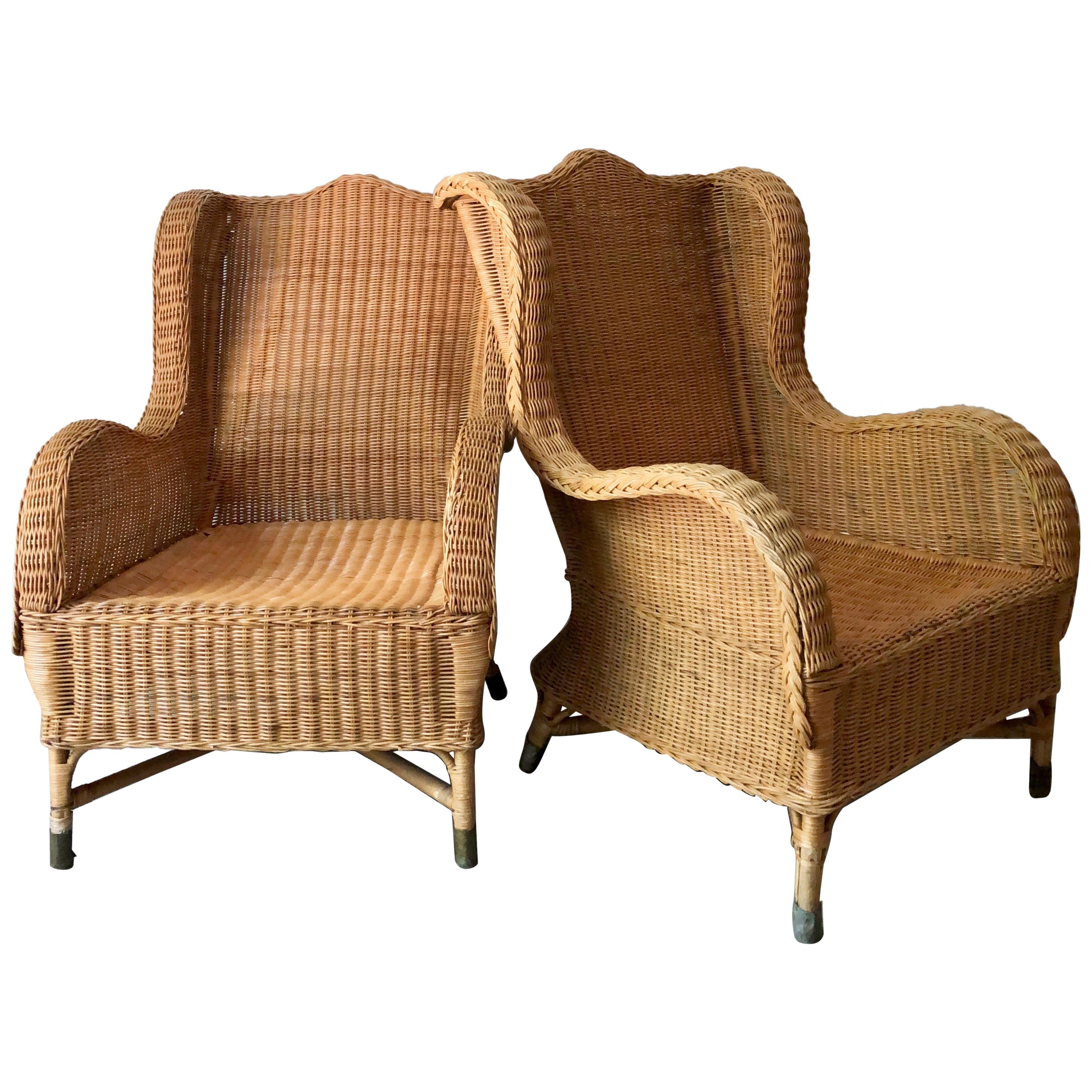 Pair of Antique French Wicker/Rattan Lounge Armchairs