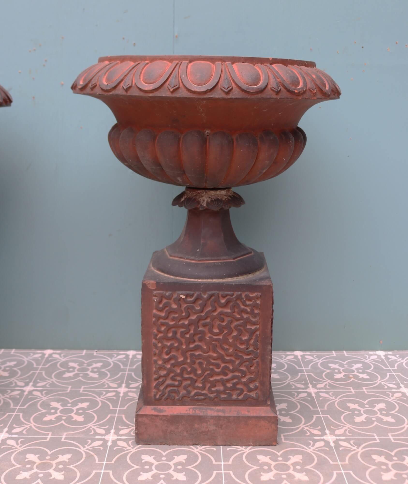 A Pair of Antique Garden Urn Planters in Terracotta For Sale 4