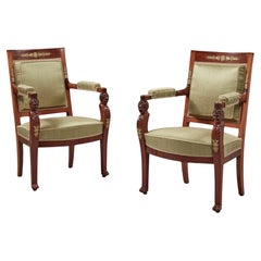 A Pair of Antique Georgian Empire Gilt-Bronze Mounted Mahogany Fauteuils Chairs