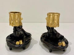 Pair of Antique Gilt & Patinated Bronze Cherub Mounted Chamber Sticks 19th C