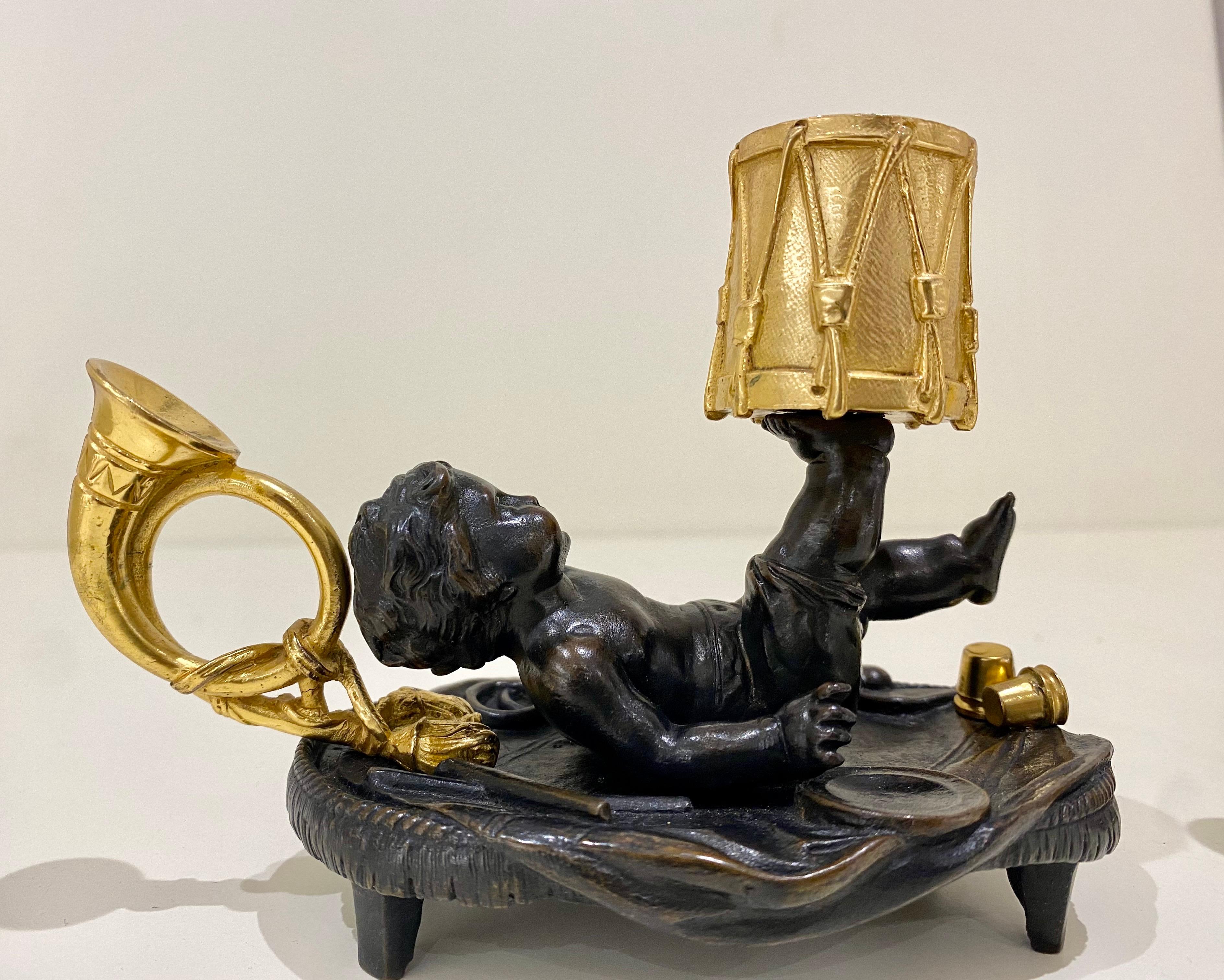 French Pair of Antique Gilt & Patinated Bronze Cherub Mounted Chamber Sticks 19th C For Sale