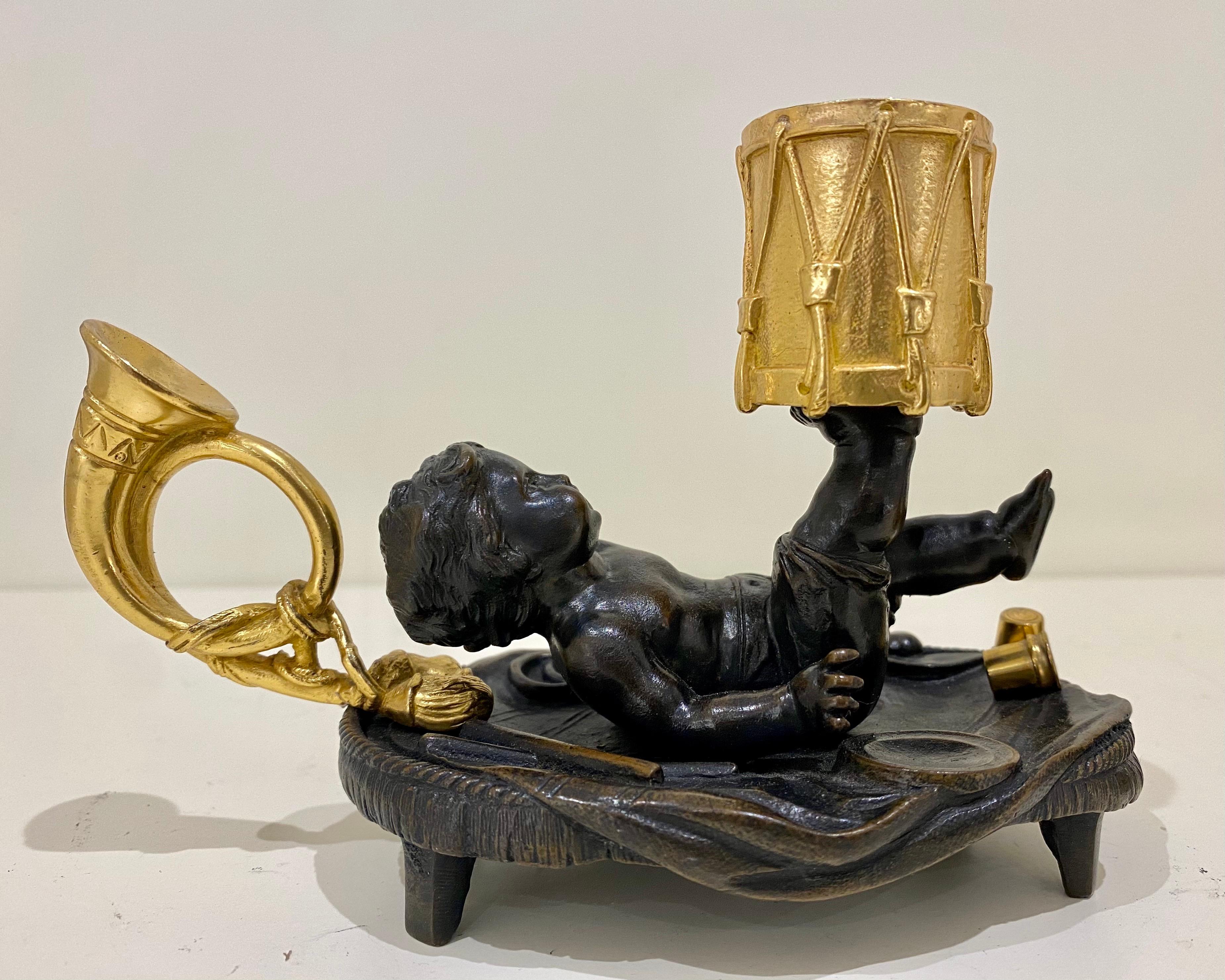 Pair of Antique Gilt & Patinated Bronze Cherub Mounted Chamber Sticks 19th C In Good Condition For Sale In London, GB