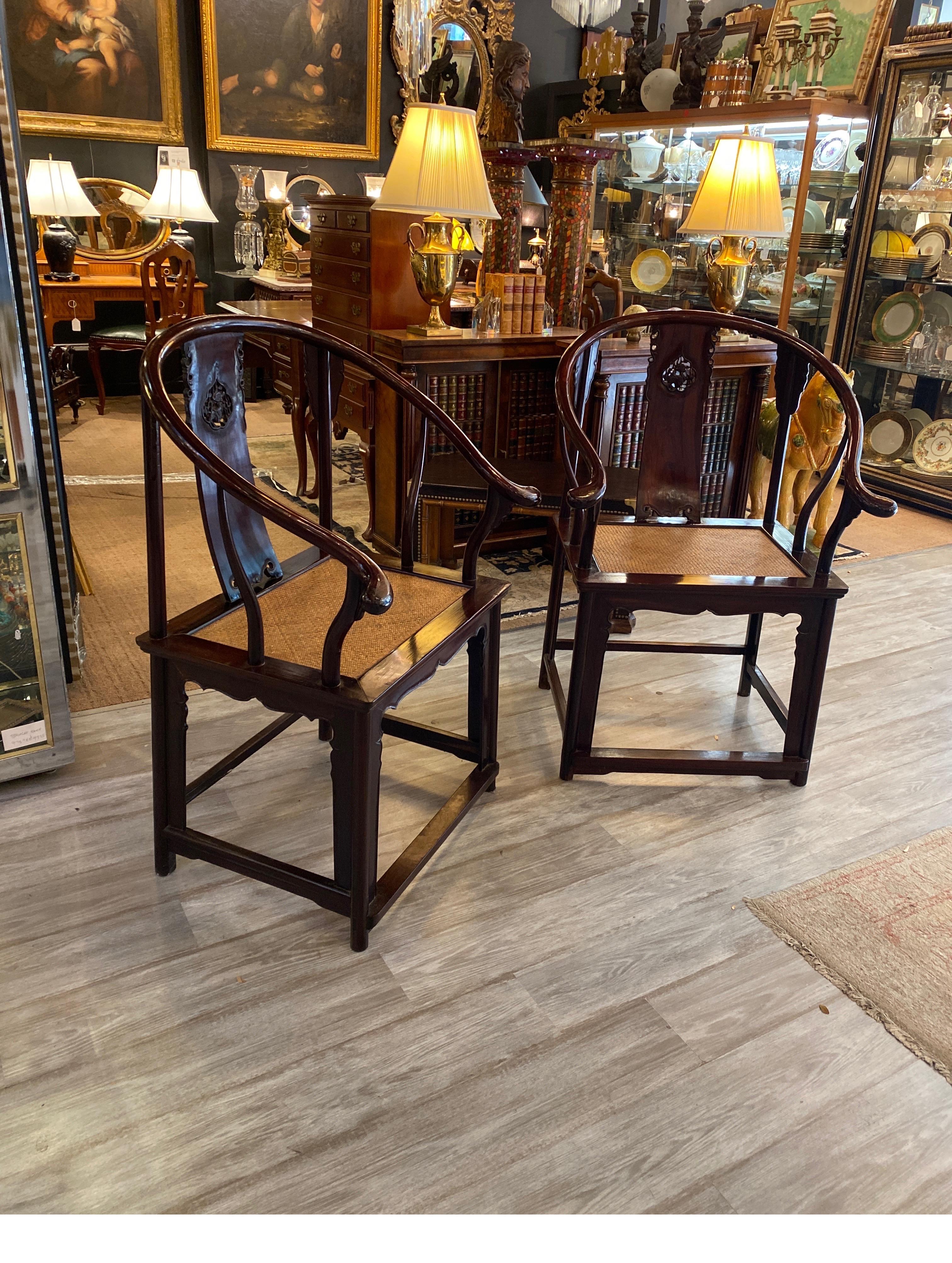 Pair of Antique Hand Carved Chinese Horseshoe Back Arm Chairs 4