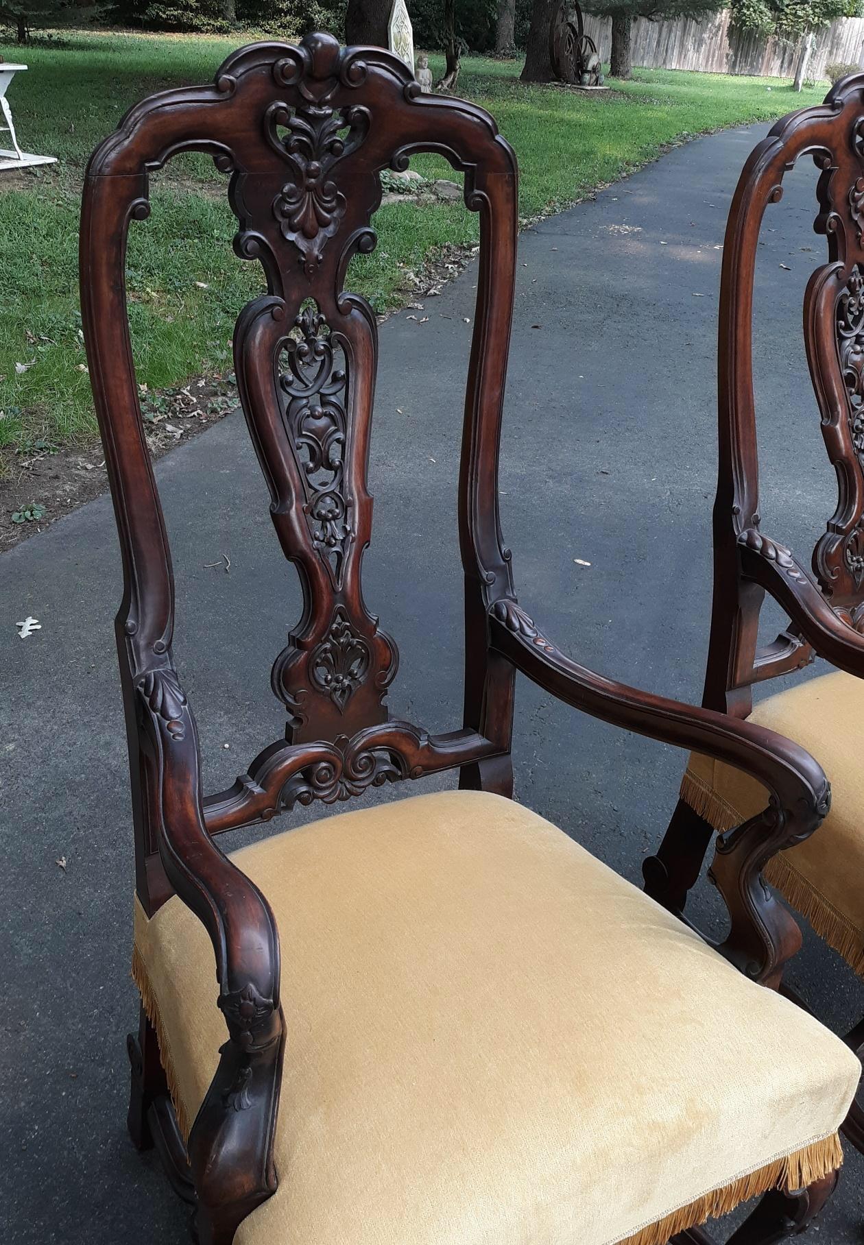 Late 19th Century Pair of Antique Hand Carved Walnut English Armchairs
