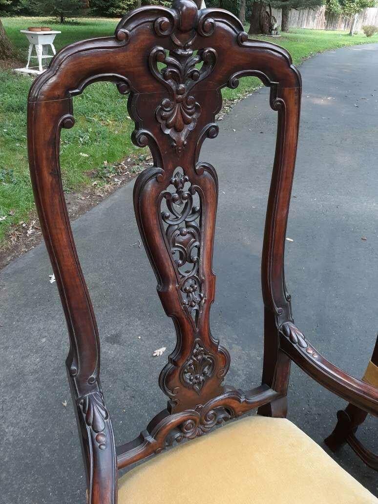 Pair of Antique Hand Carved Walnut English Armchairs 1
