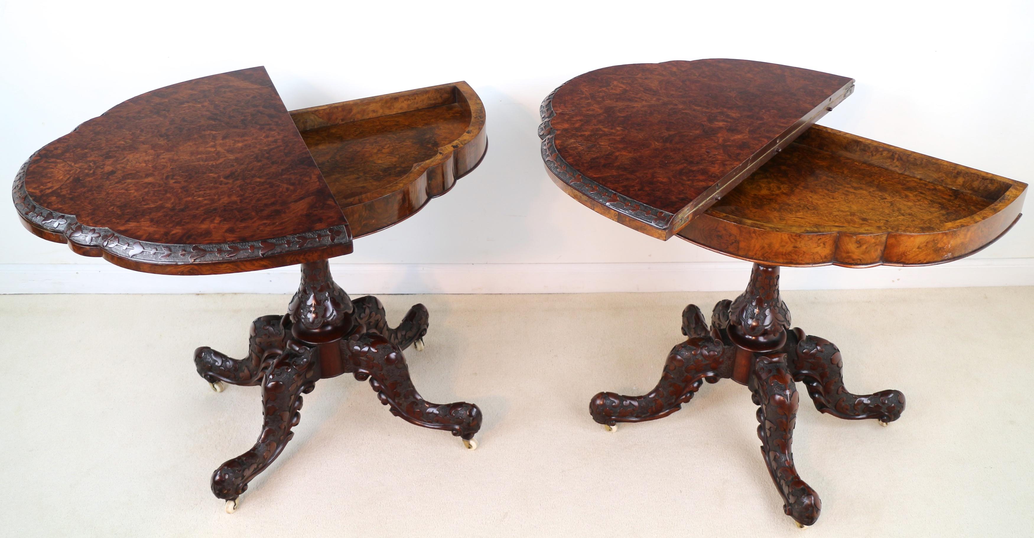 Pair of Antique Irish Victorian Burr Walnut and Carved Card Tables For Sale 1
