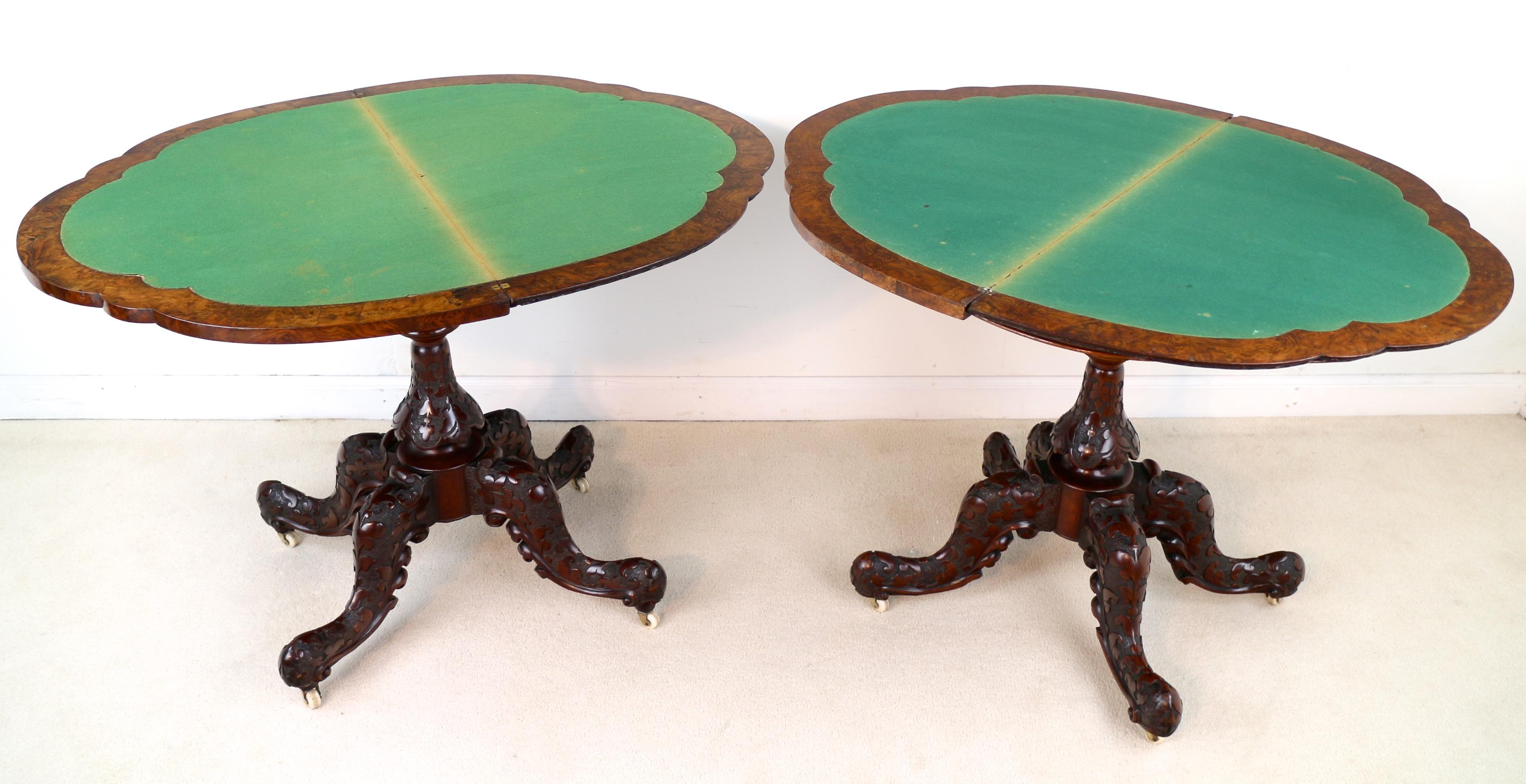 Pair of Antique Irish Victorian Burr Walnut and Carved Card Tables For Sale 2