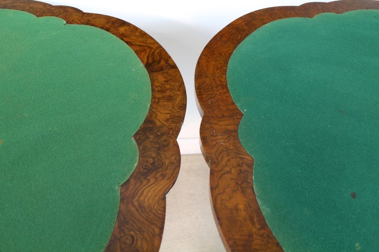 Pair of Antique Irish Victorian Burr Walnut and Carved Card Tables For