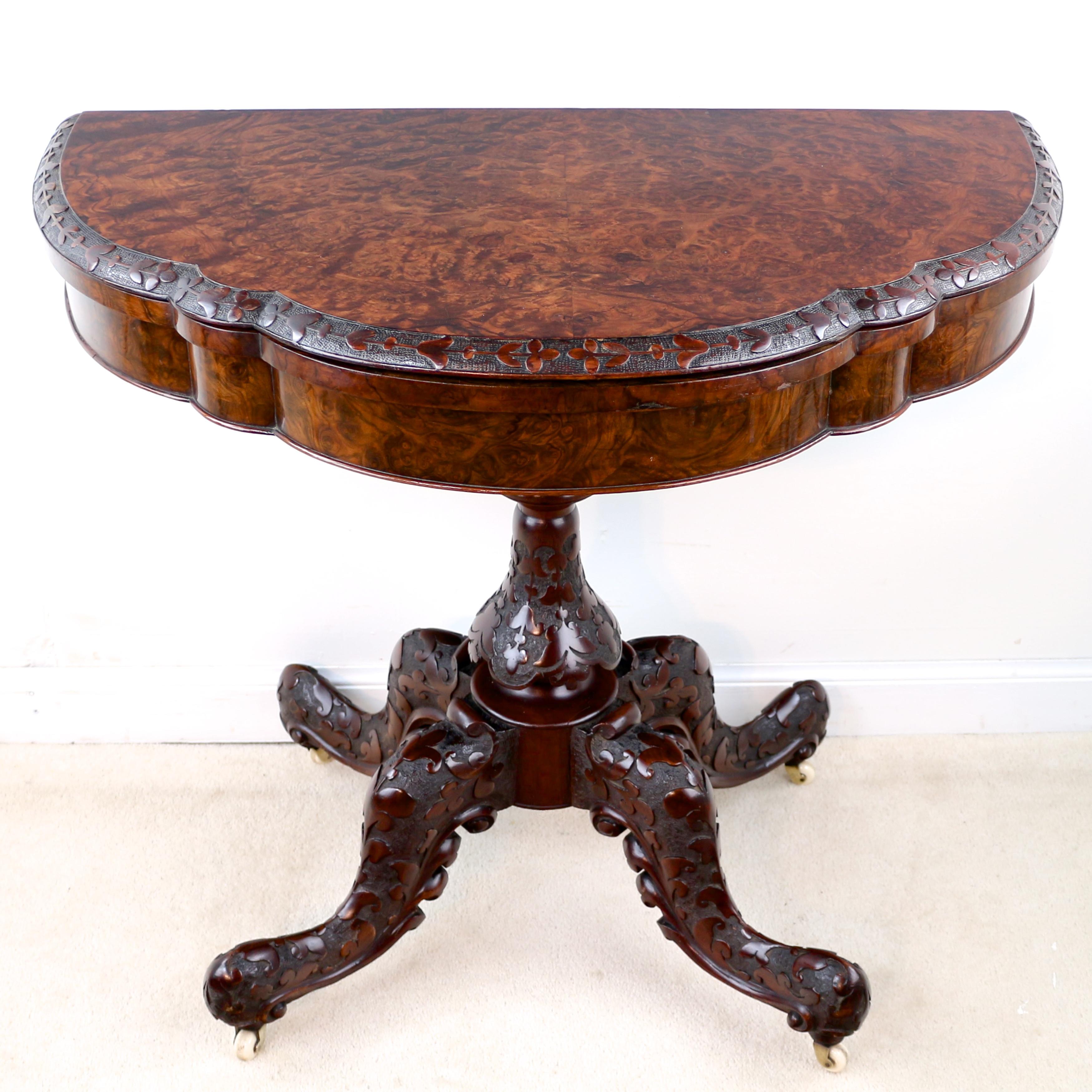 Pair of Antique Irish Victorian Burr Walnut and Carved Card Tables For Sale 4