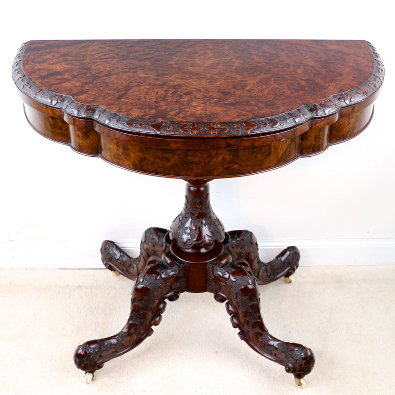Pair of Antique Irish Victorian Burr Walnut and Carved Card Tables For
