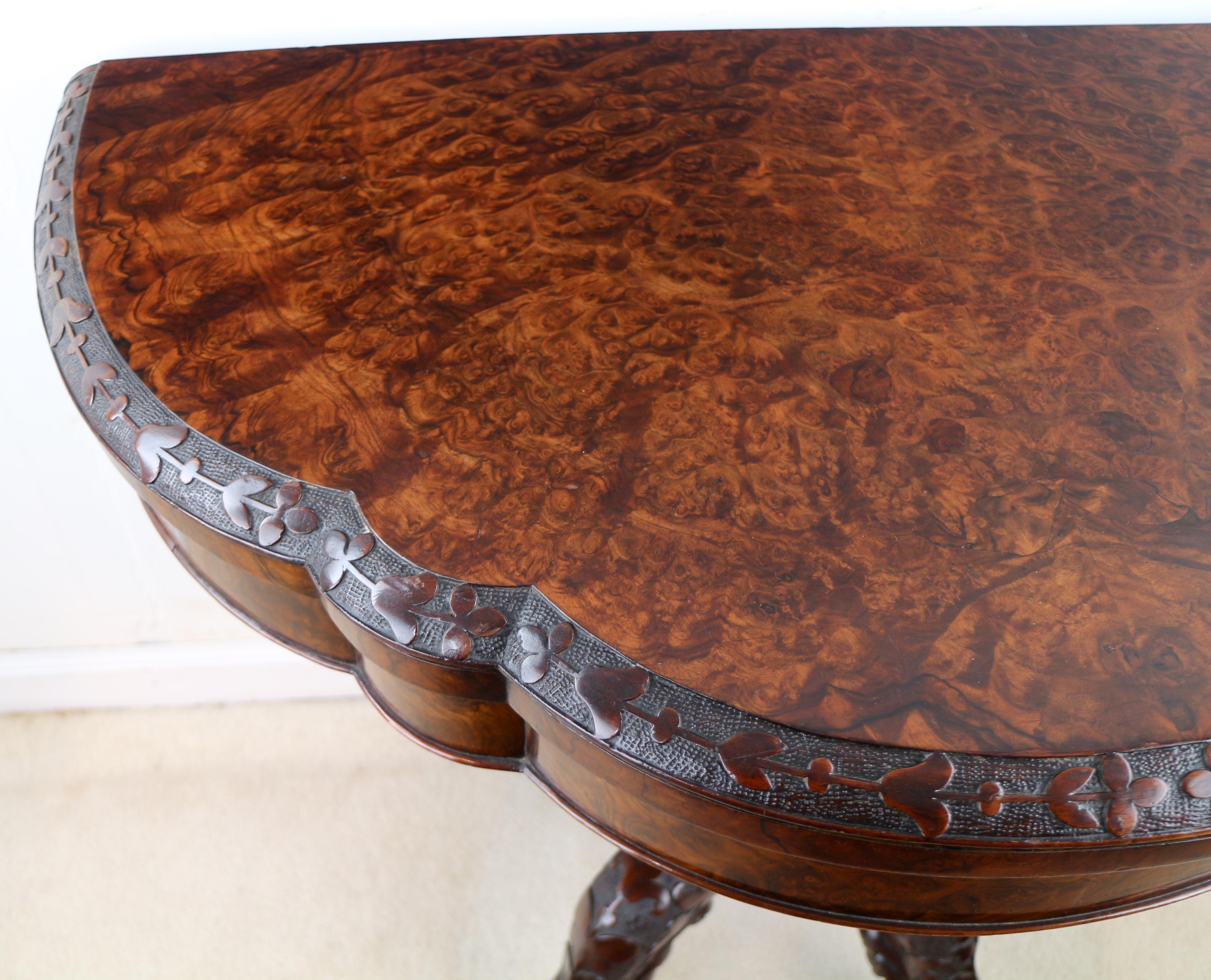 Pair of Antique Irish Victorian Burr Walnut and Carved Card Tables For Sale 5