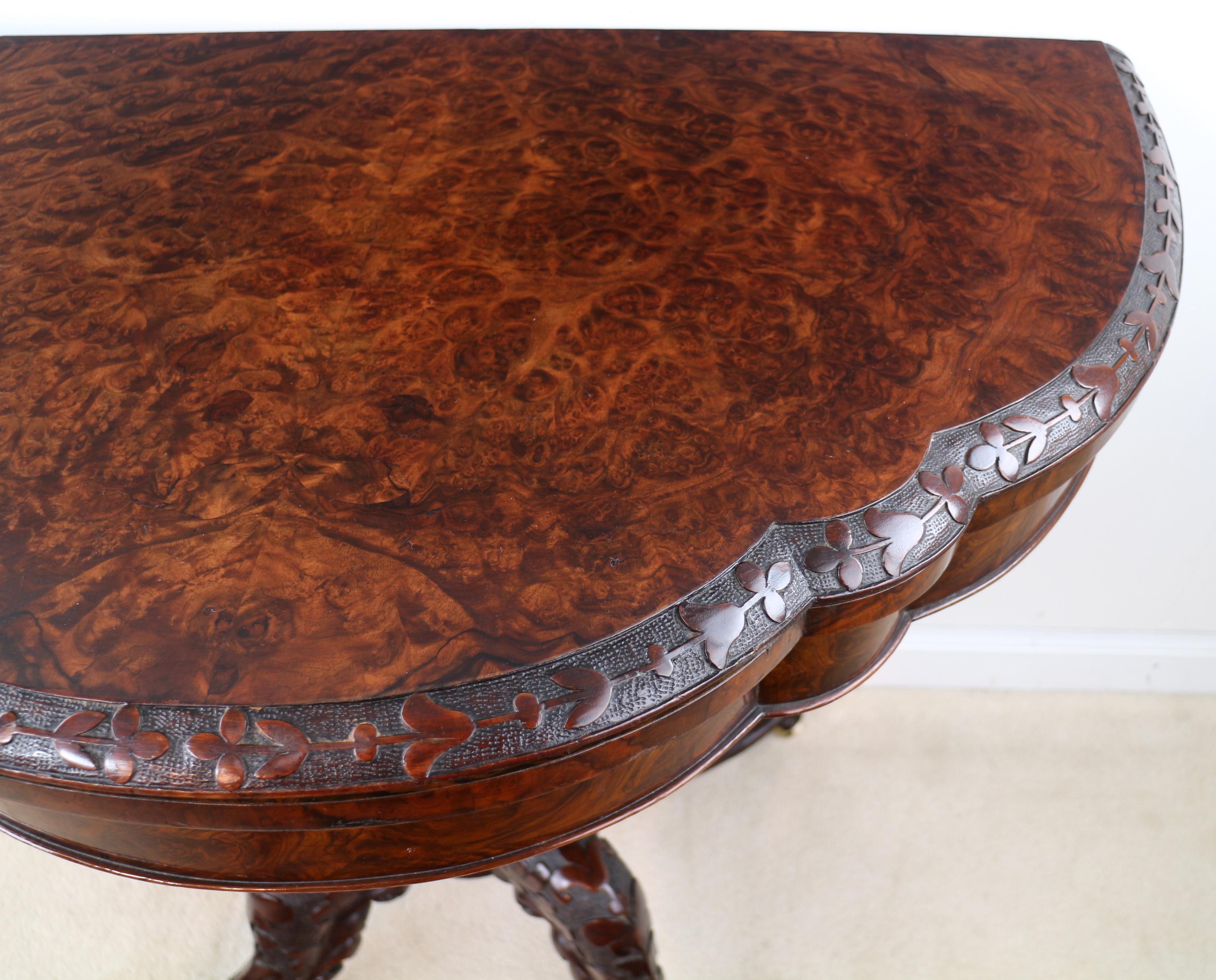 Pair of Antique Irish Victorian Burr Walnut and Carved Card Tables For Sale 6