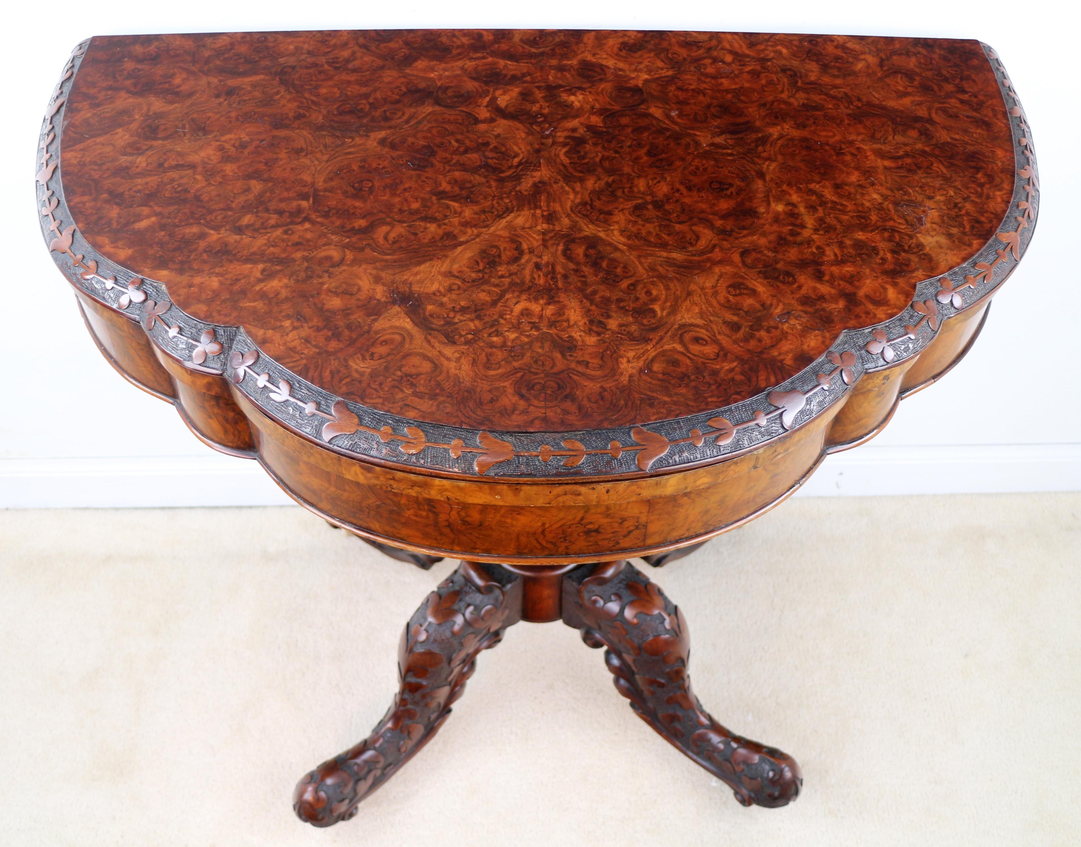 Pair of Antique Irish Victorian Burr Walnut and Carved Card Tables For Sale 8