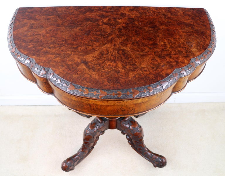 Pair of Antique Irish Victorian Burr Walnut and Carved Card Tables For