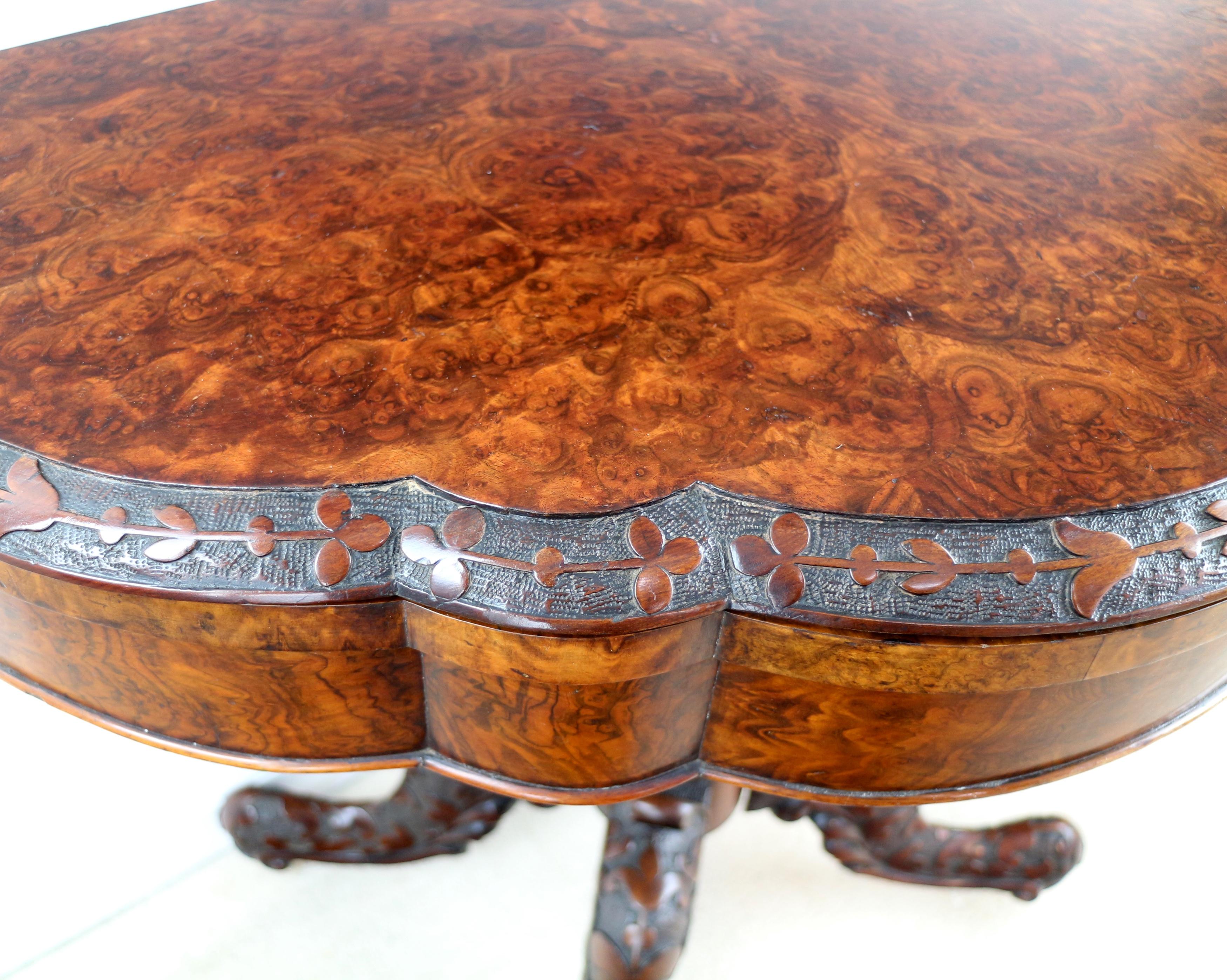 Pair of Antique Irish Victorian Burr Walnut and Carved Card Tables For Sale 9