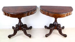 Pair of Antique Irish Victorian Burr Walnut and Carved Card Tables