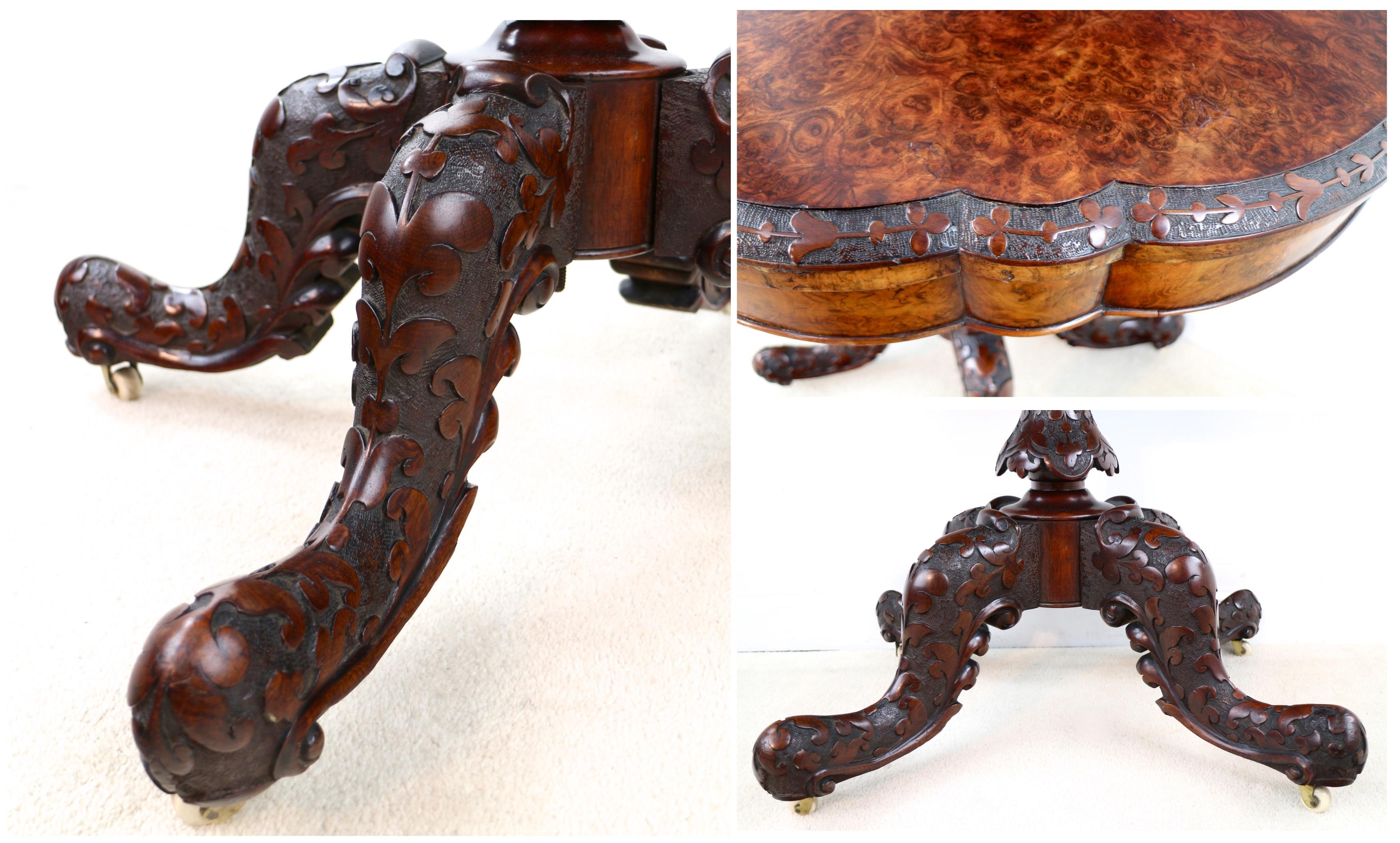 Pair of Antique Irish Victorian Burr Walnut and Carved Card Tables For Sale 11