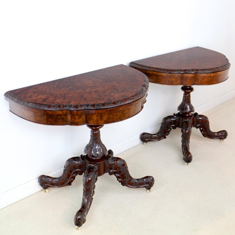 Pair of Antique Irish Victorian Burr Walnut and Carved Card Tables For