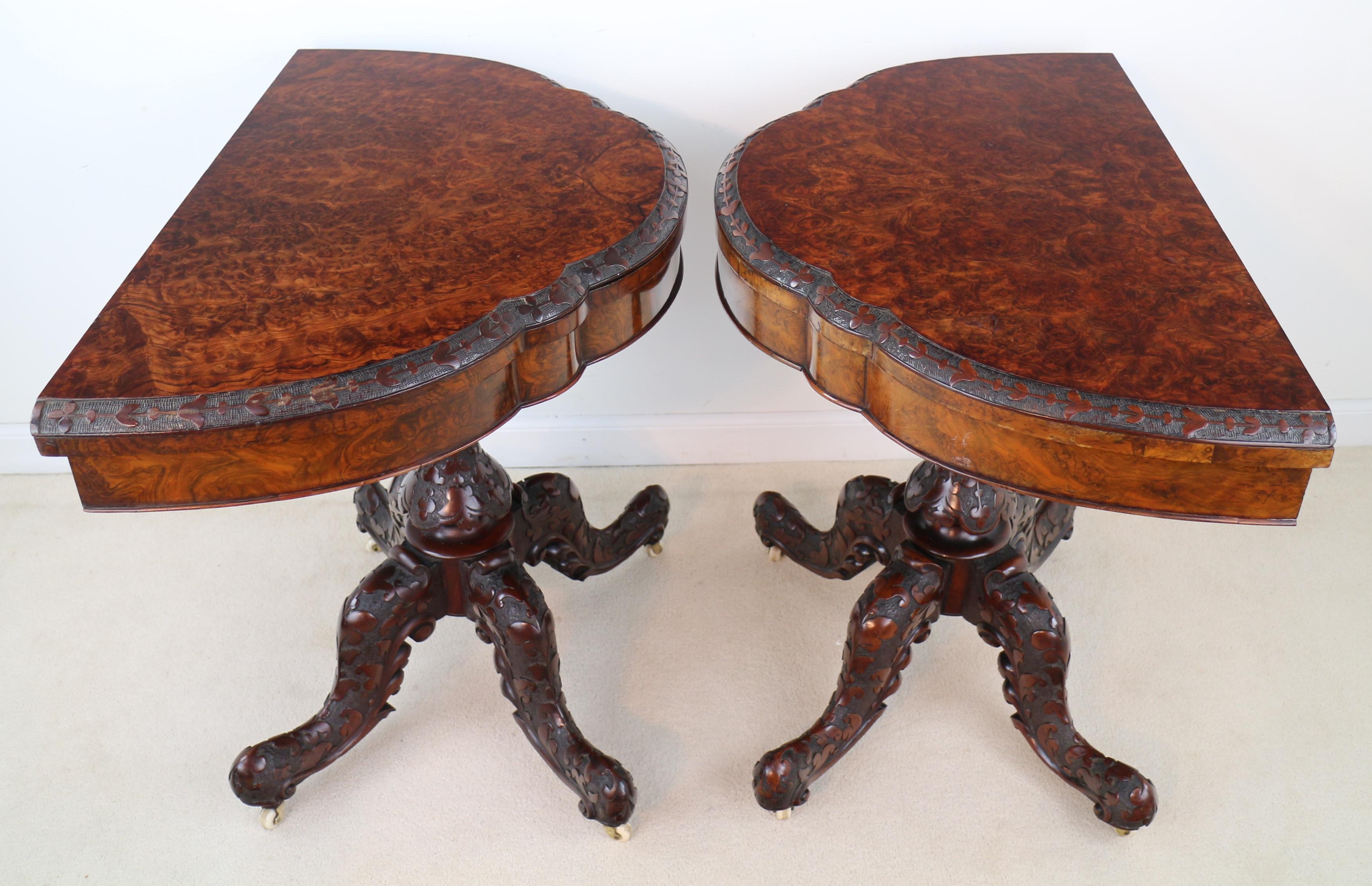 Veneer Pair of Antique Irish Victorian Burr Walnut and Carved Card Tables For Sale