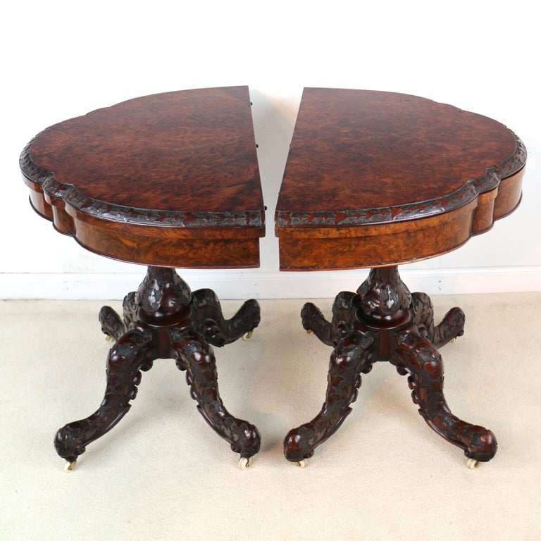 Pair of Antique Irish Victorian Burr Walnut and Carved Card Tables For