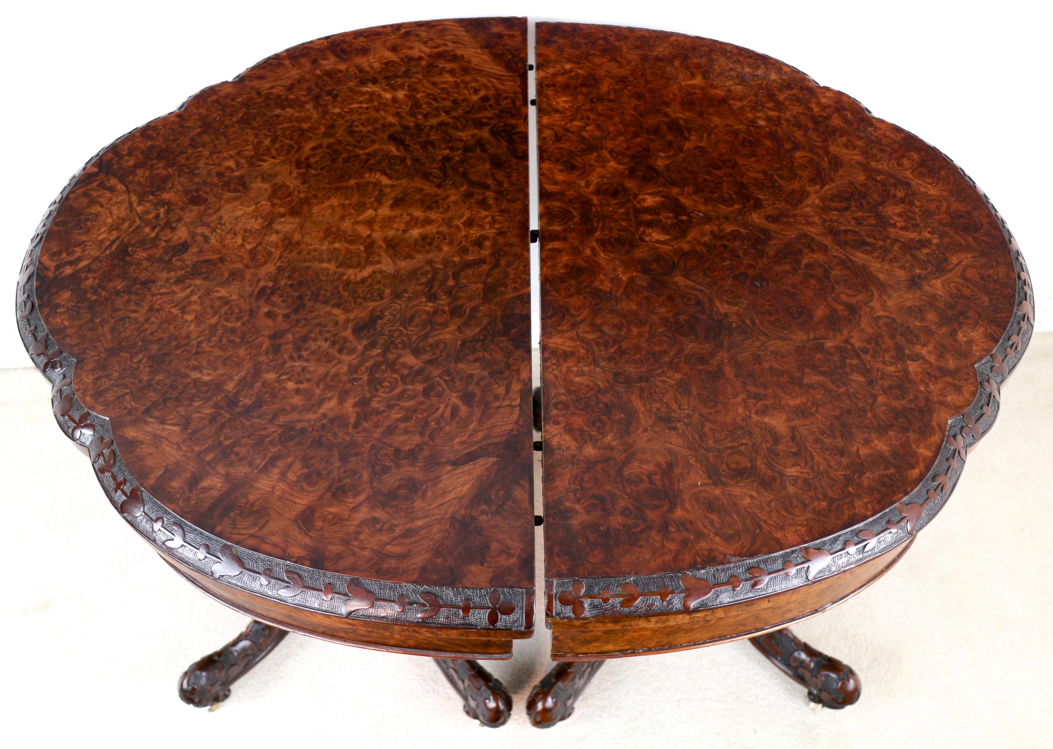 19th Century Pair of Antique Irish Victorian Burr Walnut and Carved Card Tables For Sale