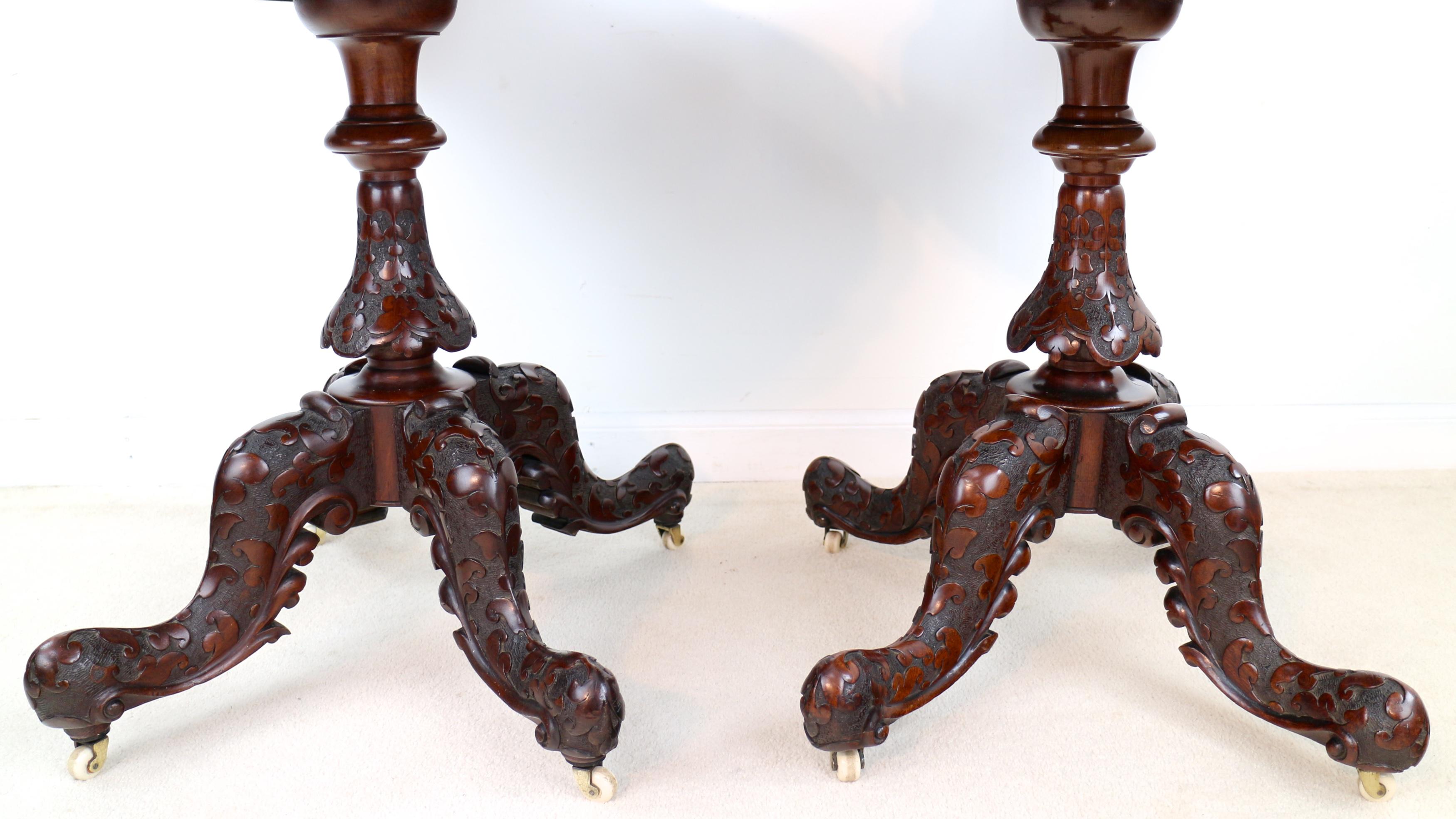 Brass Pair of Antique Irish Victorian Burr Walnut and Carved Card Tables For Sale