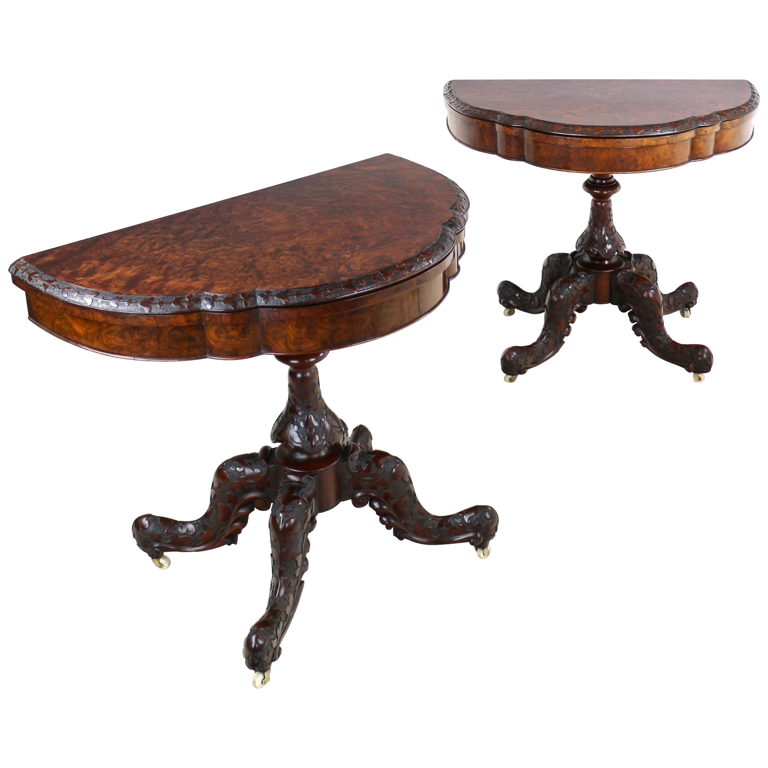 Pair of Antique Irish Victorian Burr Walnut and Carved Card Tables