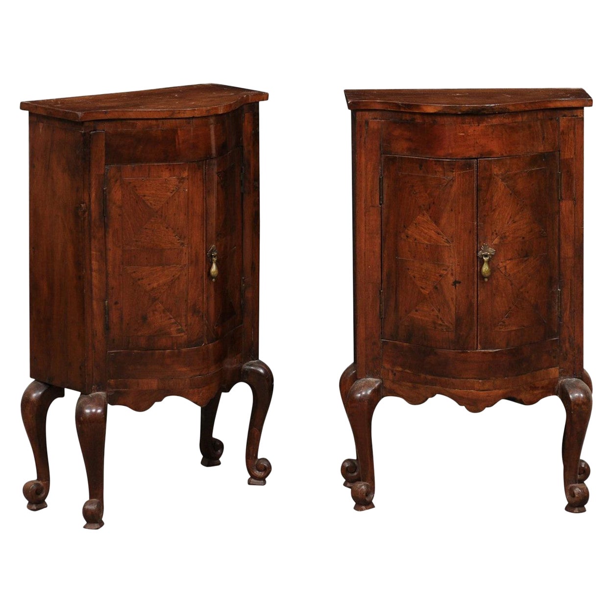 A Pair of Antique Italian Walnut Bow-Front Side Chests from the 18th Century For Sale