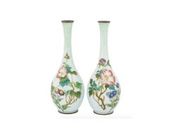 Pair of Antique Japanese Ginbari Cloisonne Enamel Floral Vases
