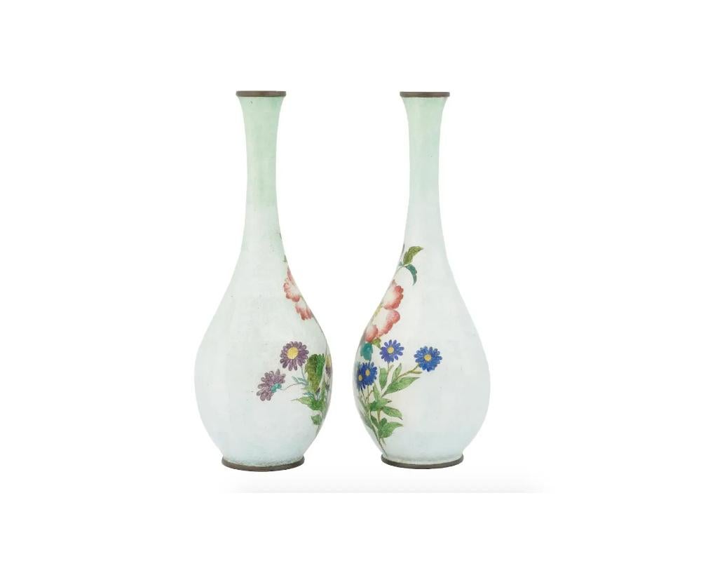 Meiji Pair of Antique Japanese Ginbari Cloisonne Enamel Floral Vases For Sale