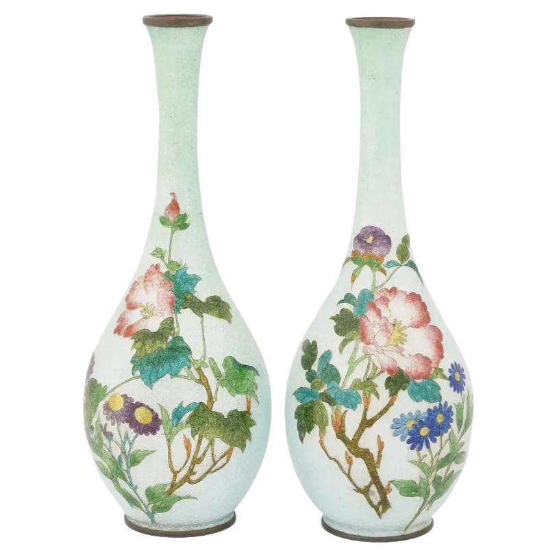 Pair of Antique Japanese Ginbari Cloisonne Enamel Floral Vases For Sale