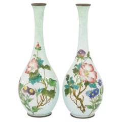 Pair of Antique Japanese Ginbari Cloisonne Enamel Floral Vases