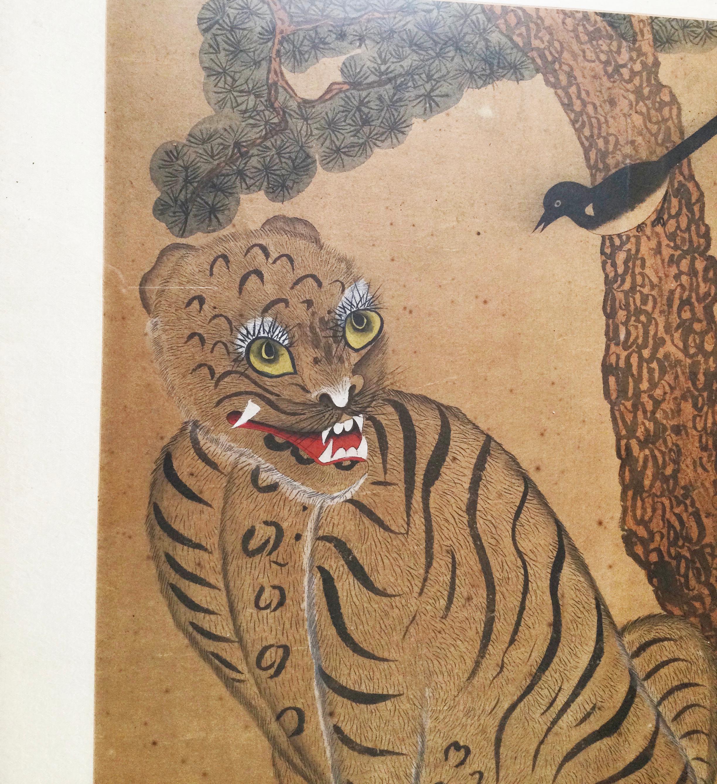 Pair of Antique Korean Framed Tiger Paintings 7