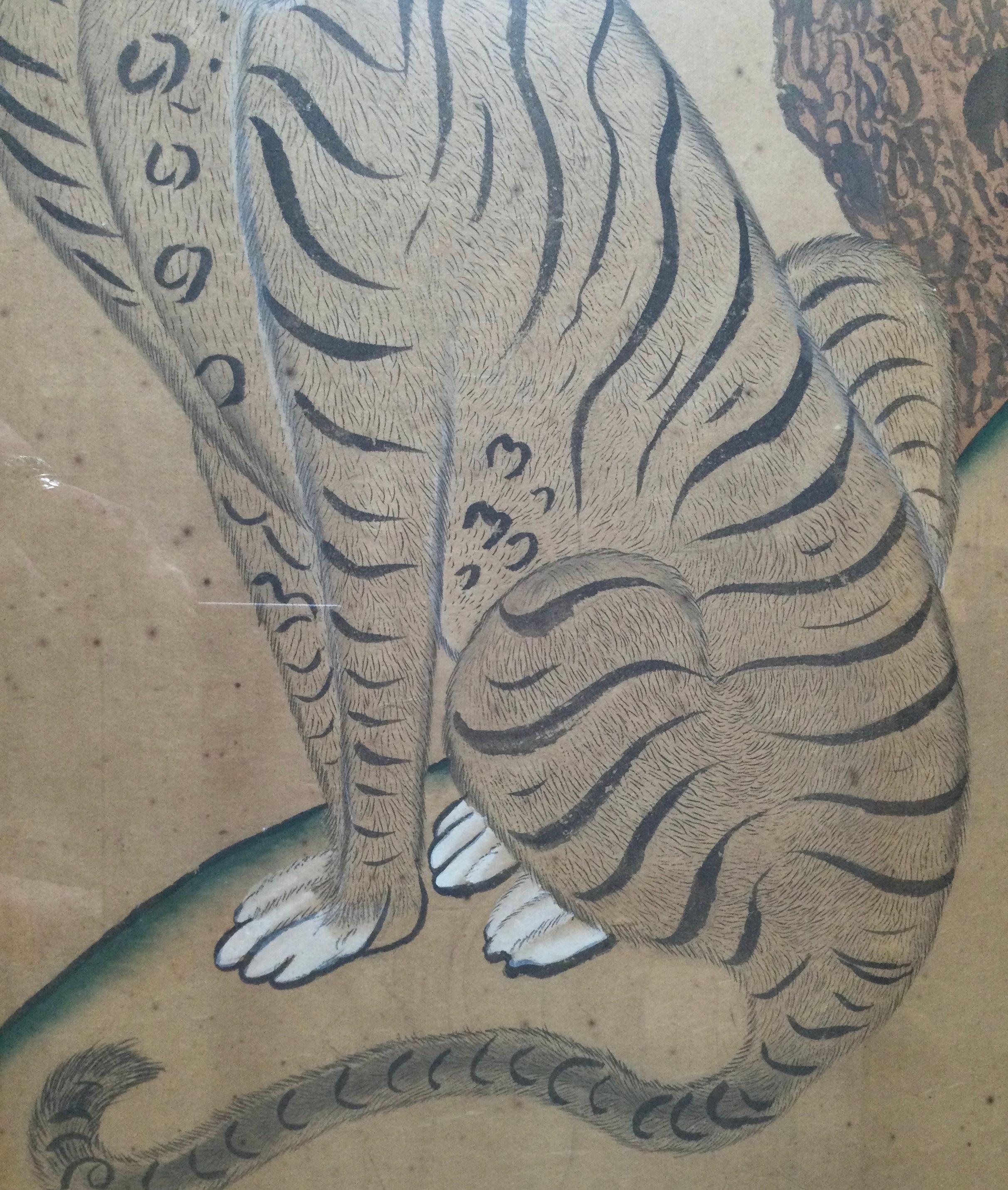 Pair of Antique Korean Framed Tiger Paintings 8
